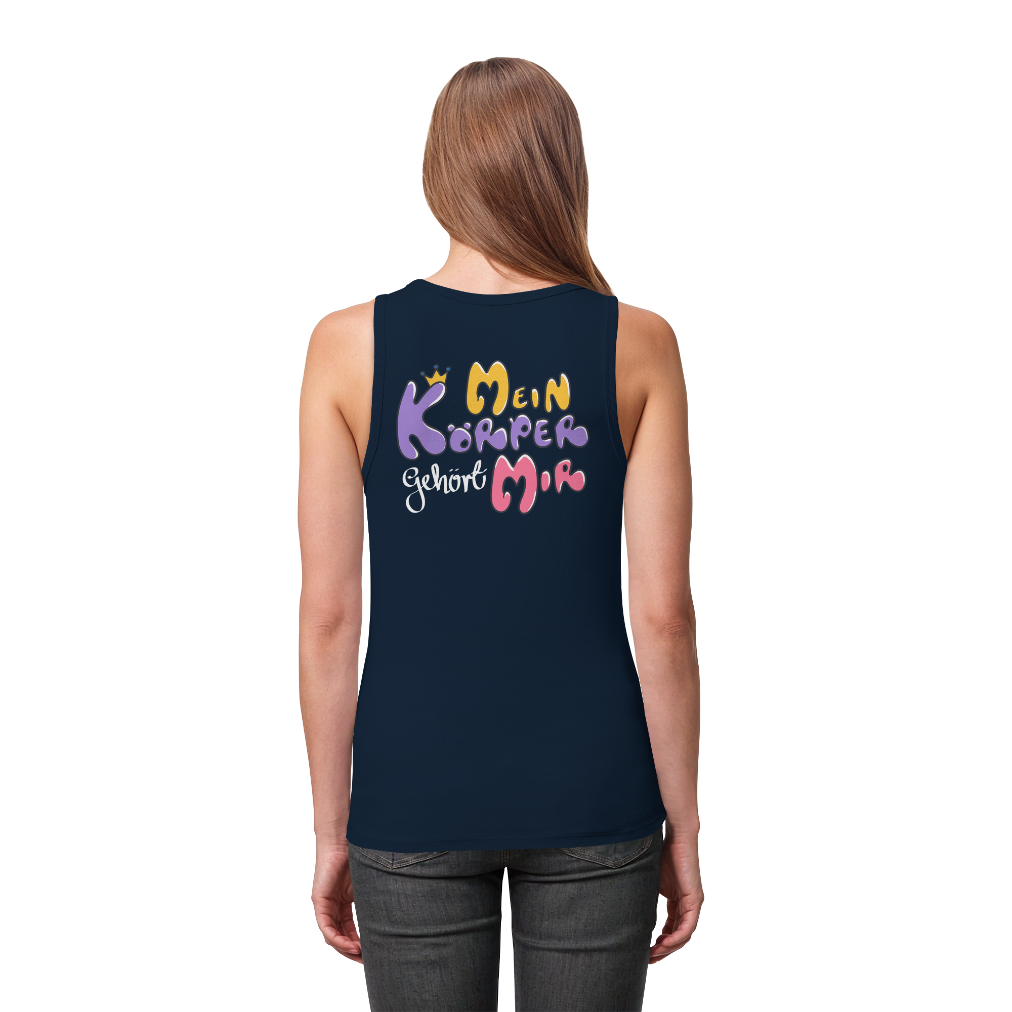 Survivor Queens Logo mit "Mein Körper gehört mir" Backprint (dunkel) - Womens Organic Fitted Tank Top
