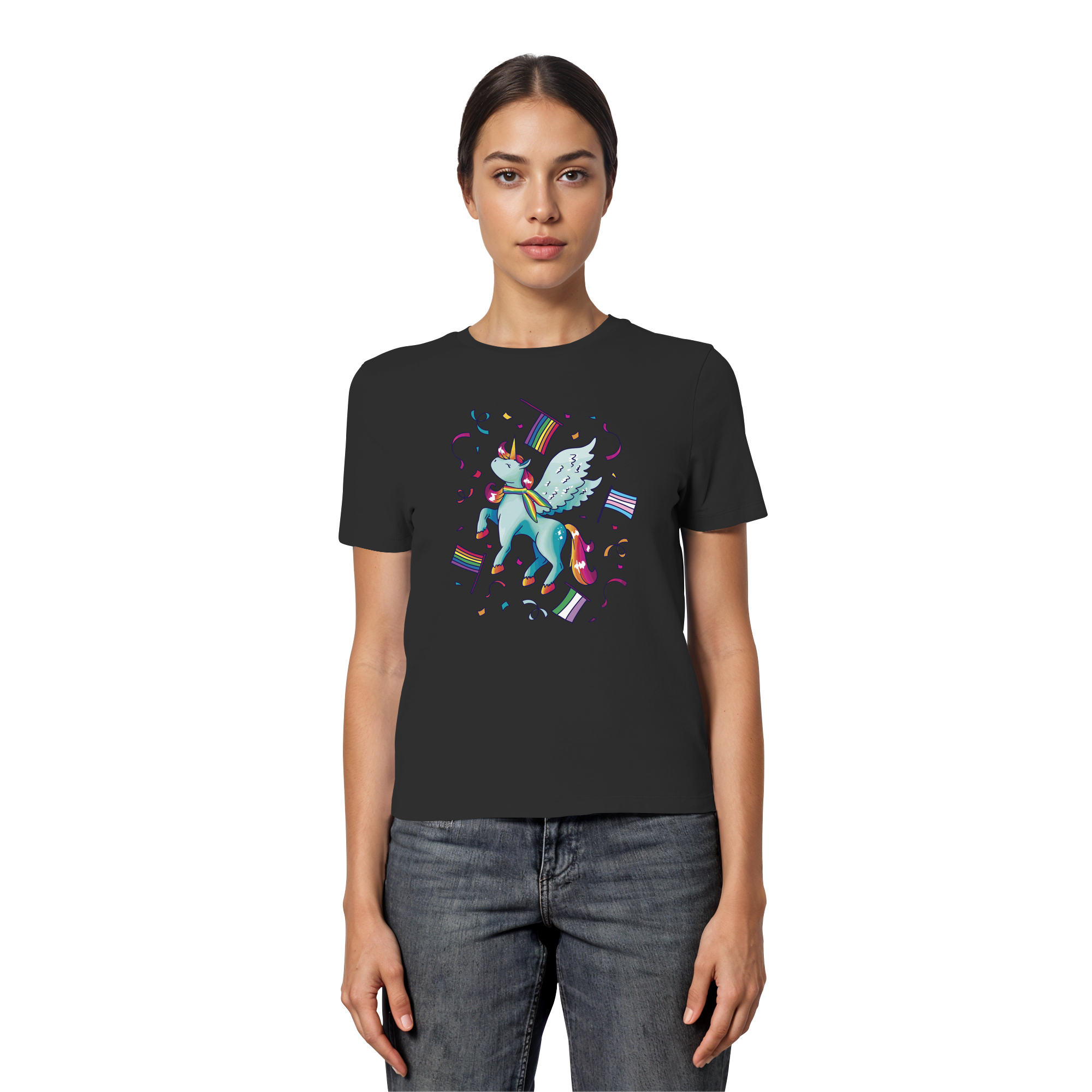 Regenbogen Einhorn mit Flaggen - Fitted Ladies Organic Shirt