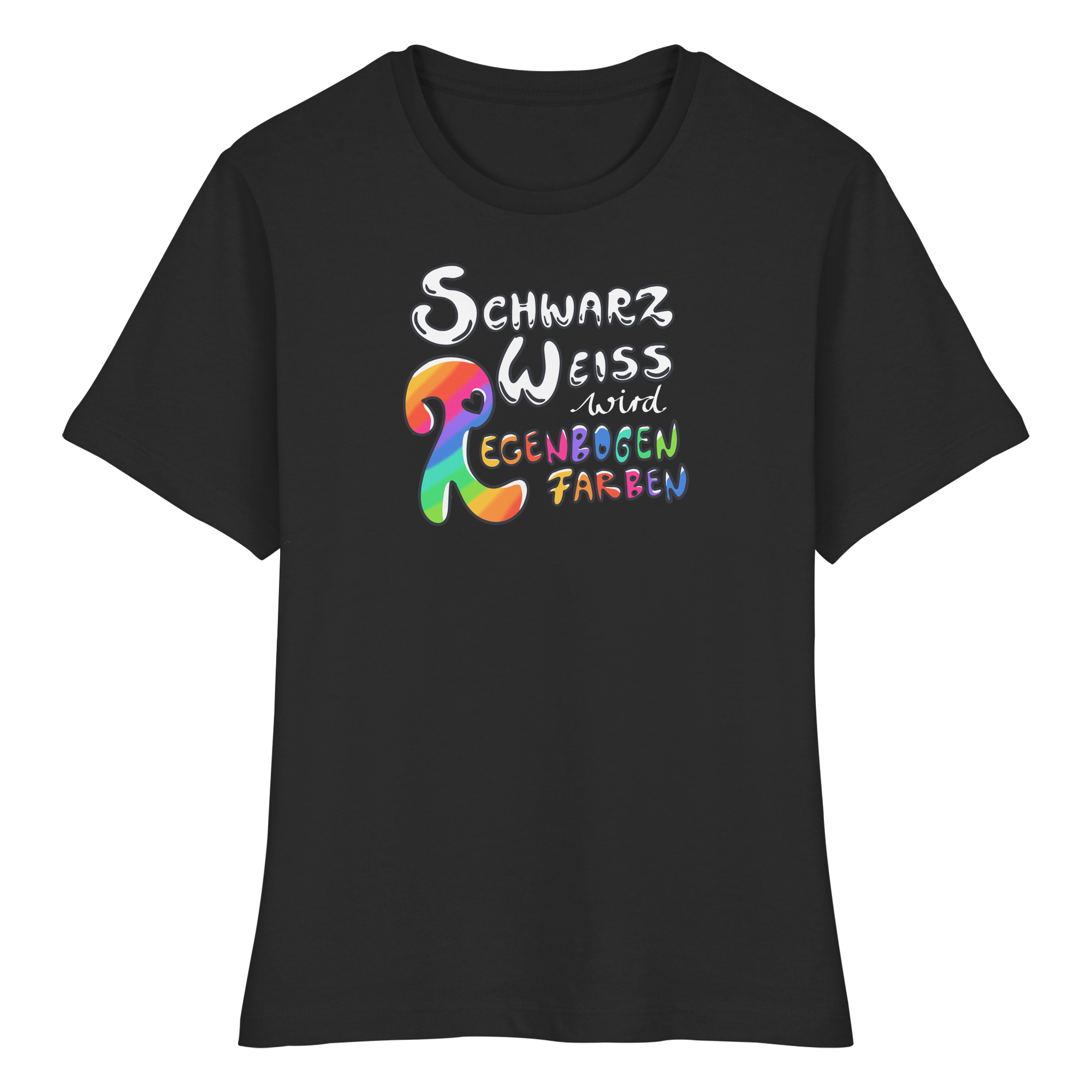 Schwarz Weiß wird Regenbogen Farben Frontprint (dunkel) - Fitted Ladies Organic Shirt
