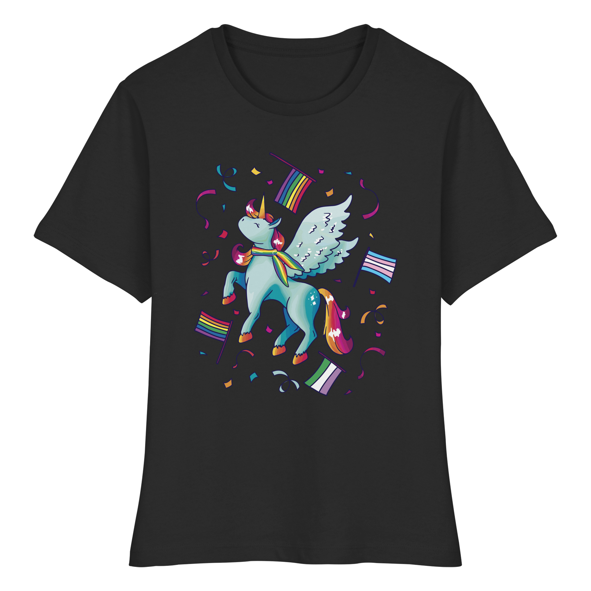 Regenbogen Einhorn mit Flaggen - Fitted Ladies Organic Shirt
