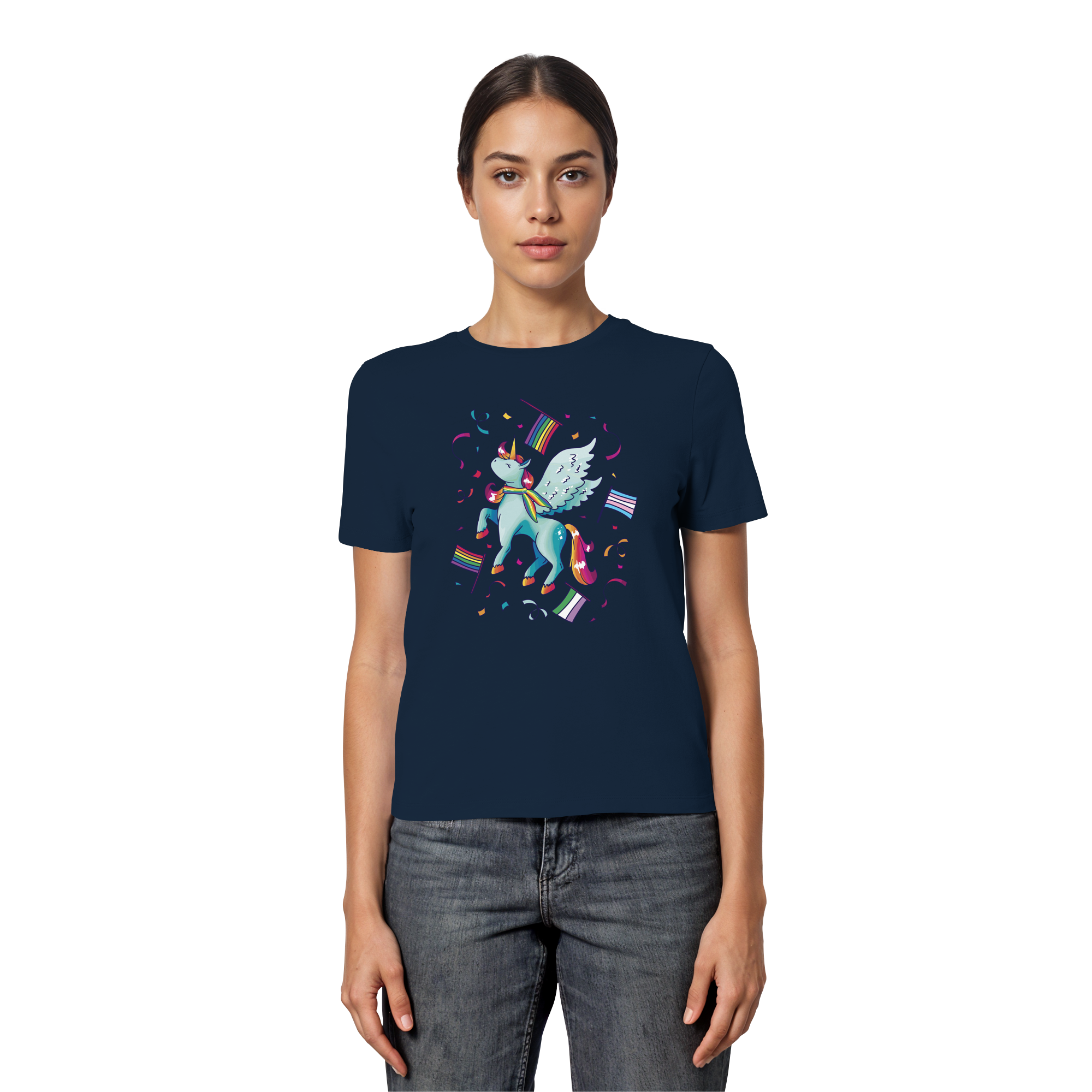 Regenbogen Einhorn mit Flaggen - Fitted Ladies Organic Shirt