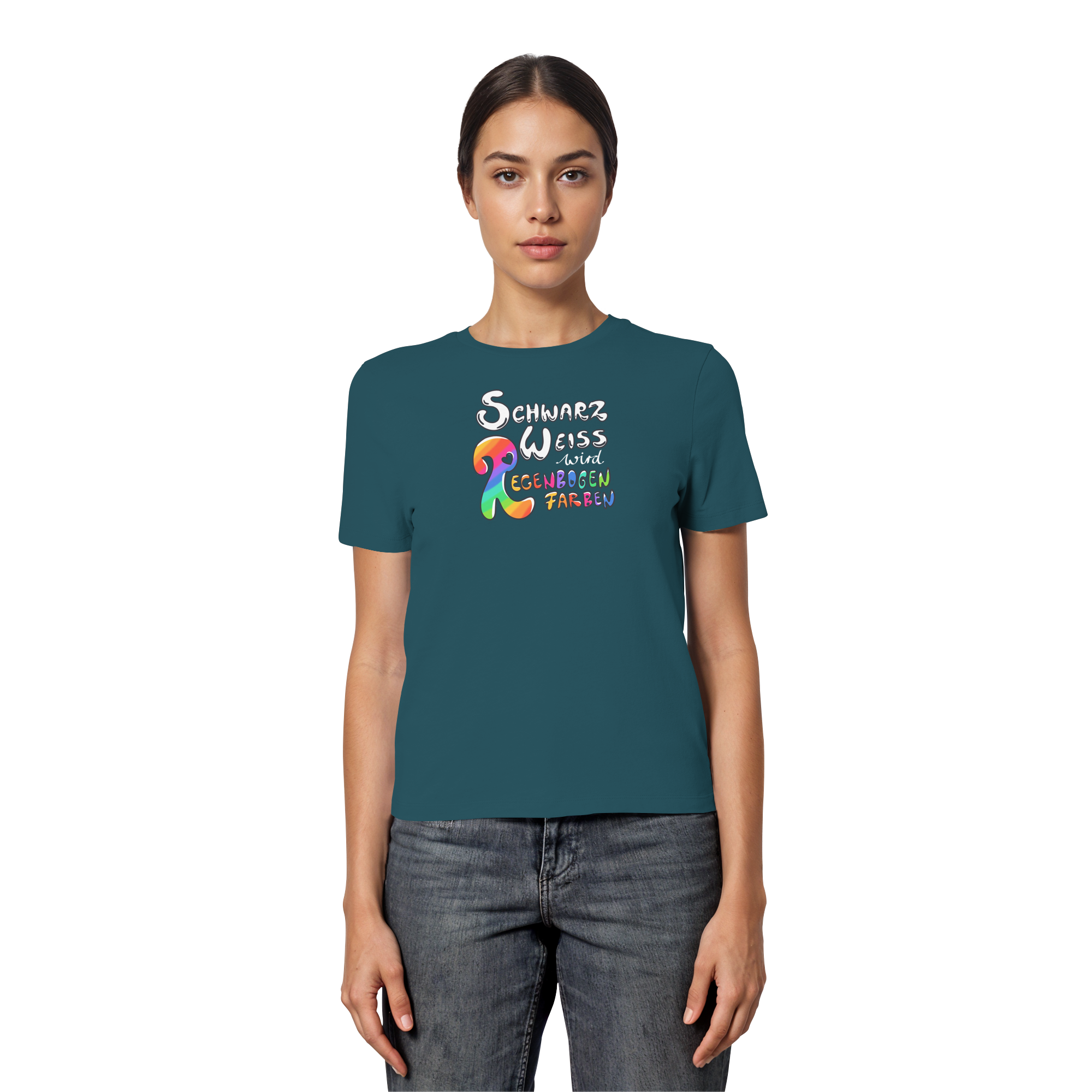 Schwarz Weiß wird Regenbogen Farben Frontprint (dunkel) - Fitted Ladies Organic Shirt