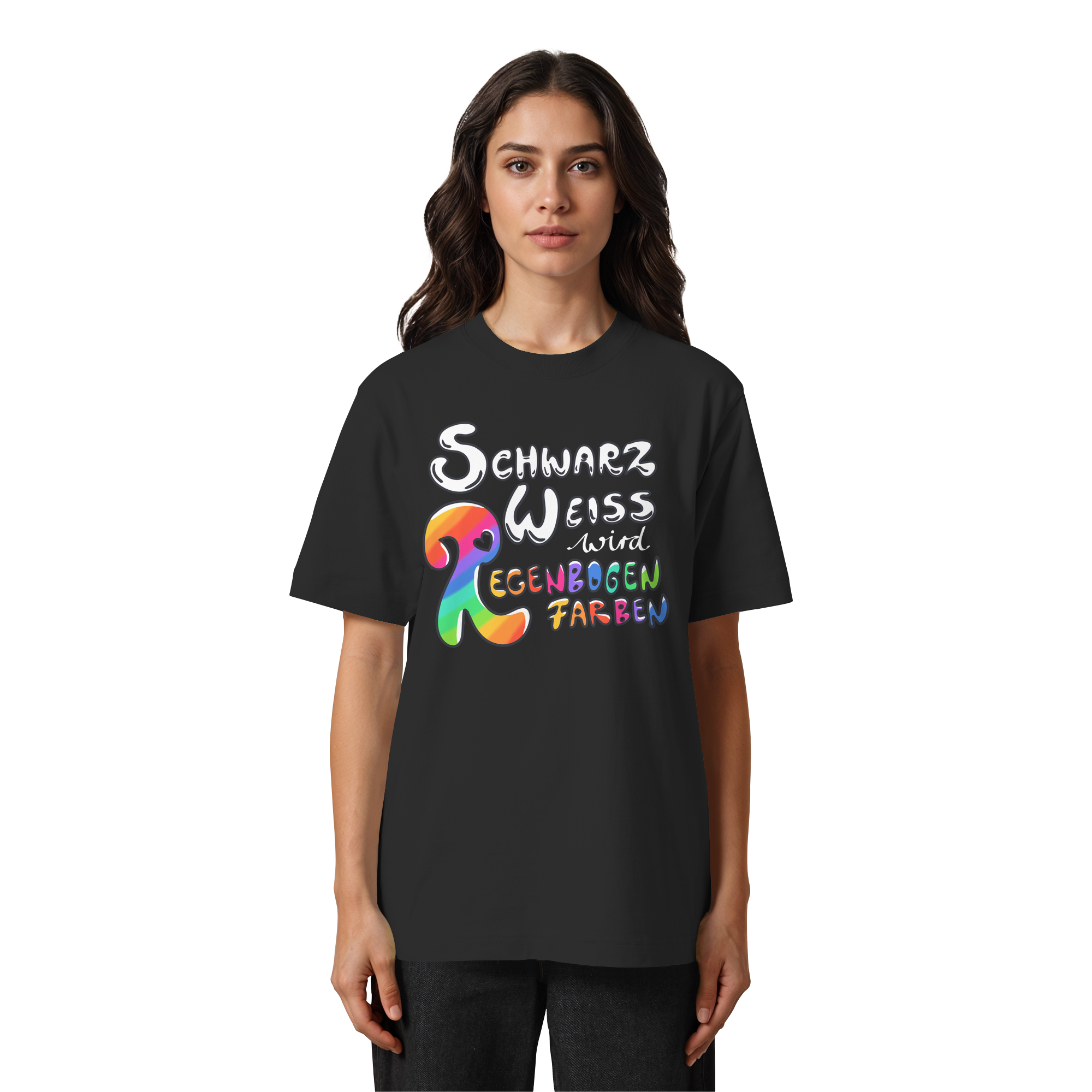 Schwarz Weiß wird Regenbogen Farben Frontprint (dunkel) - Heavy Oversized Organic Shirt