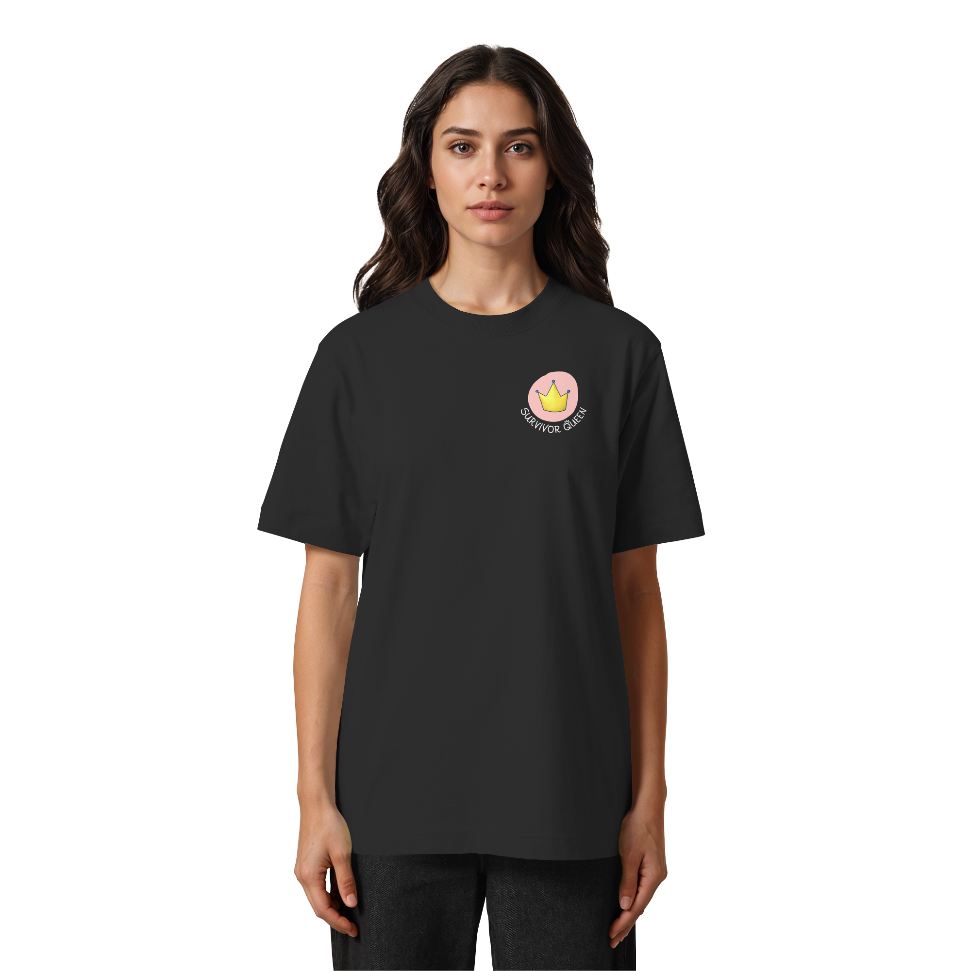 Survivor Queens Logo mit "Mein Körper gehört mir" Backprint (dunkel) - Heavy Oversized Organic Shirt