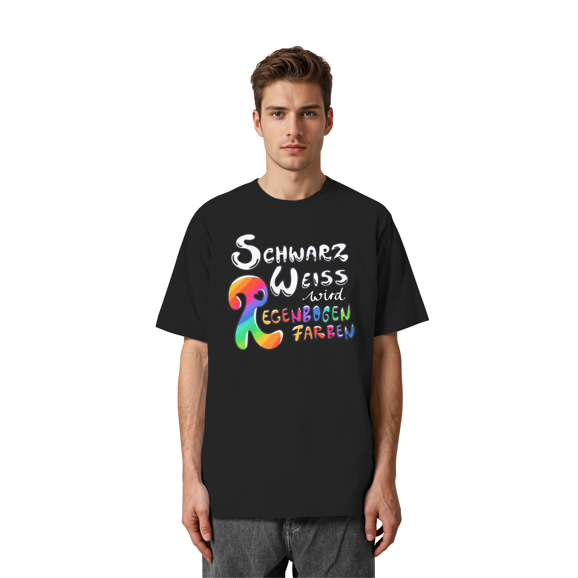 Schwarz Weiß wird Regenbogen Farben Frontprint (dunkel) - Heavy Oversized Organic Shirt