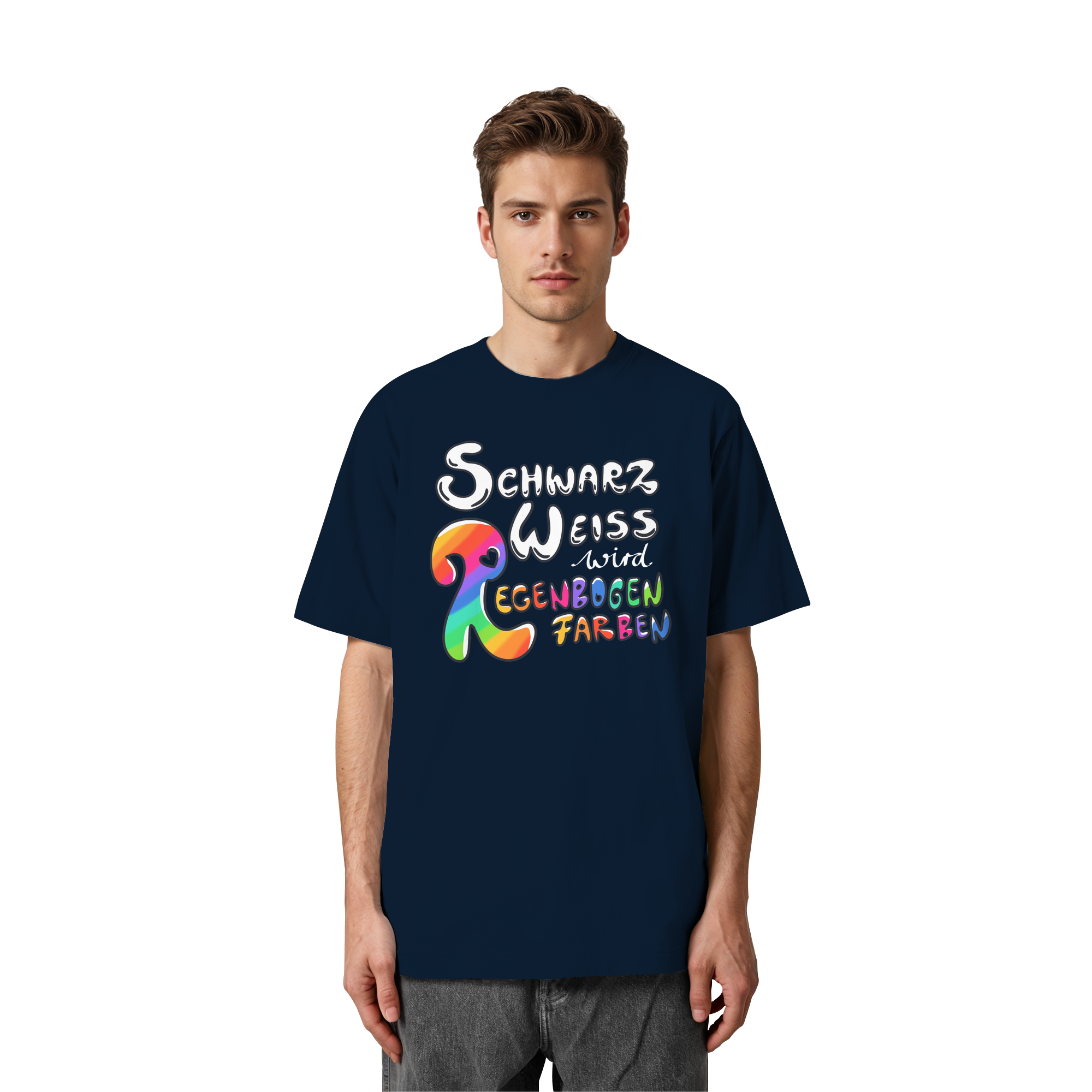 Schwarz Weiß wird Regenbogen Farben Frontprint (dunkel) - Heavy Oversized Organic Shirt