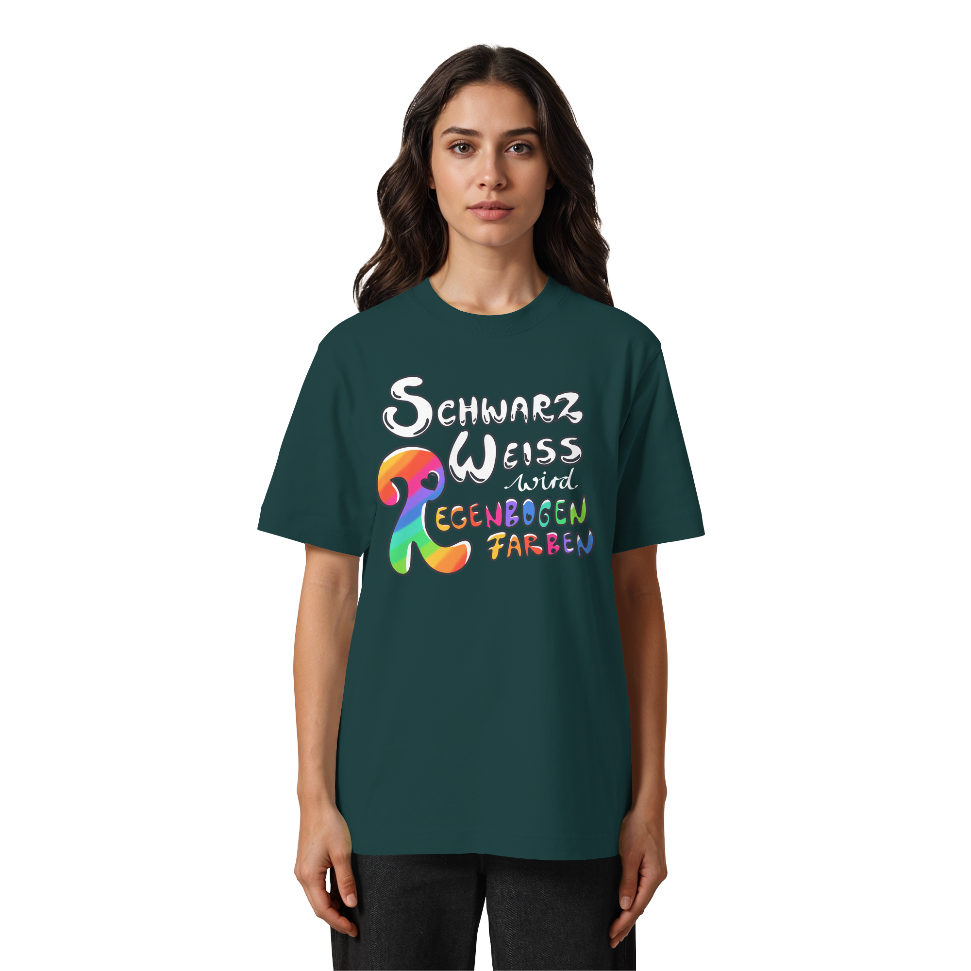 Schwarz Weiß wird Regenbogen Farben Frontprint (dunkel) - Heavy Oversized Organic Shirt