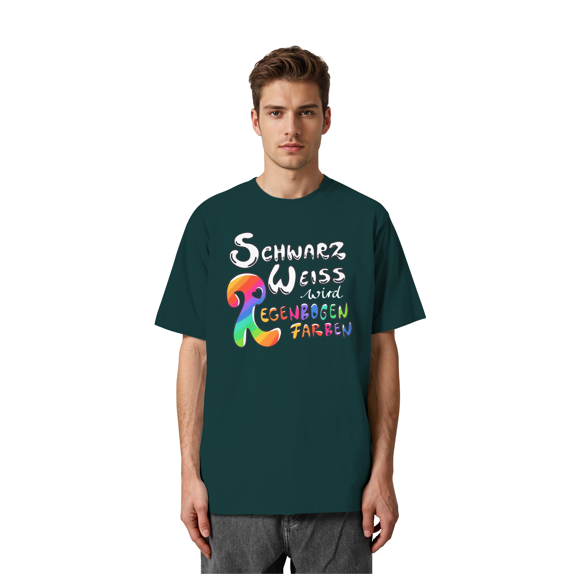 Schwarz Weiß wird Regenbogen Farben Frontprint (dunkel) - Heavy Oversized Organic Shirt