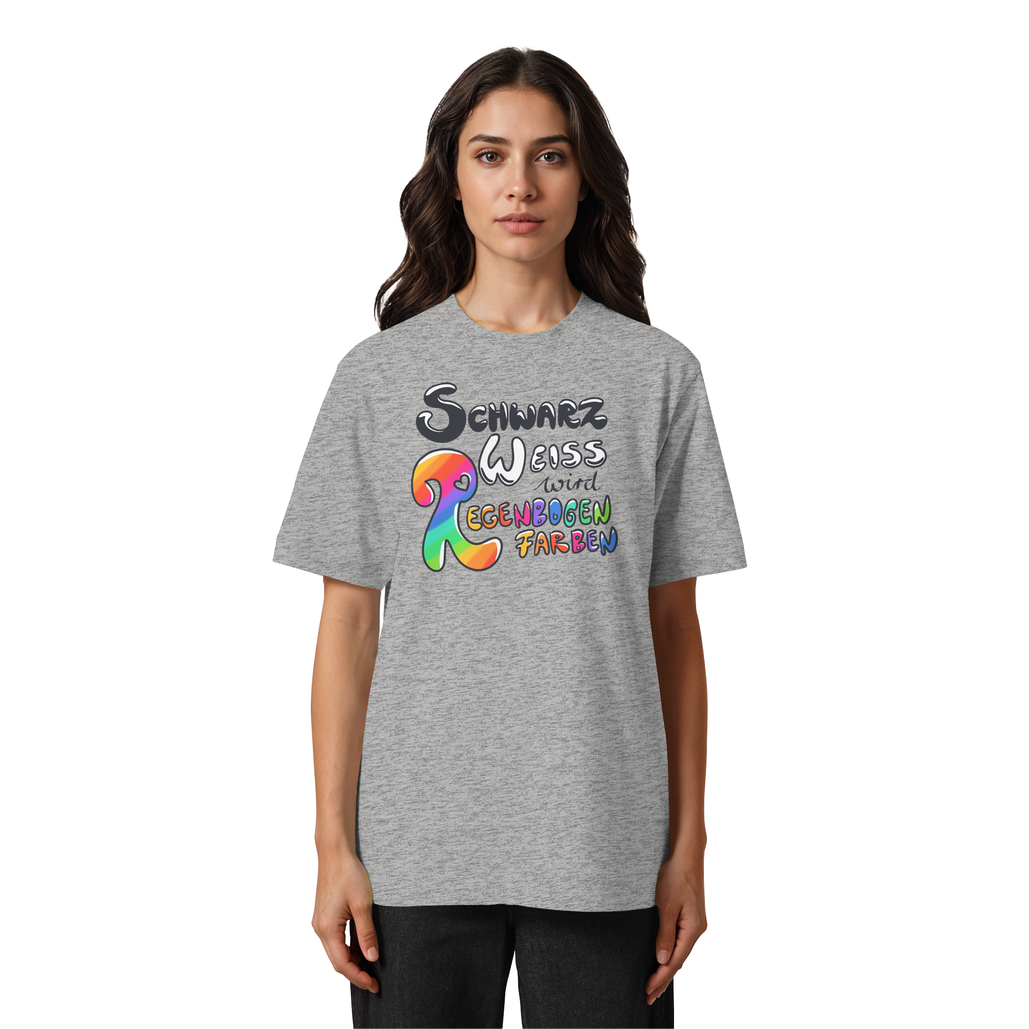 Schwarz Weiß wird Regenbogen Farben Frontprint (hell) - Heavy Oversized Organic Shirt