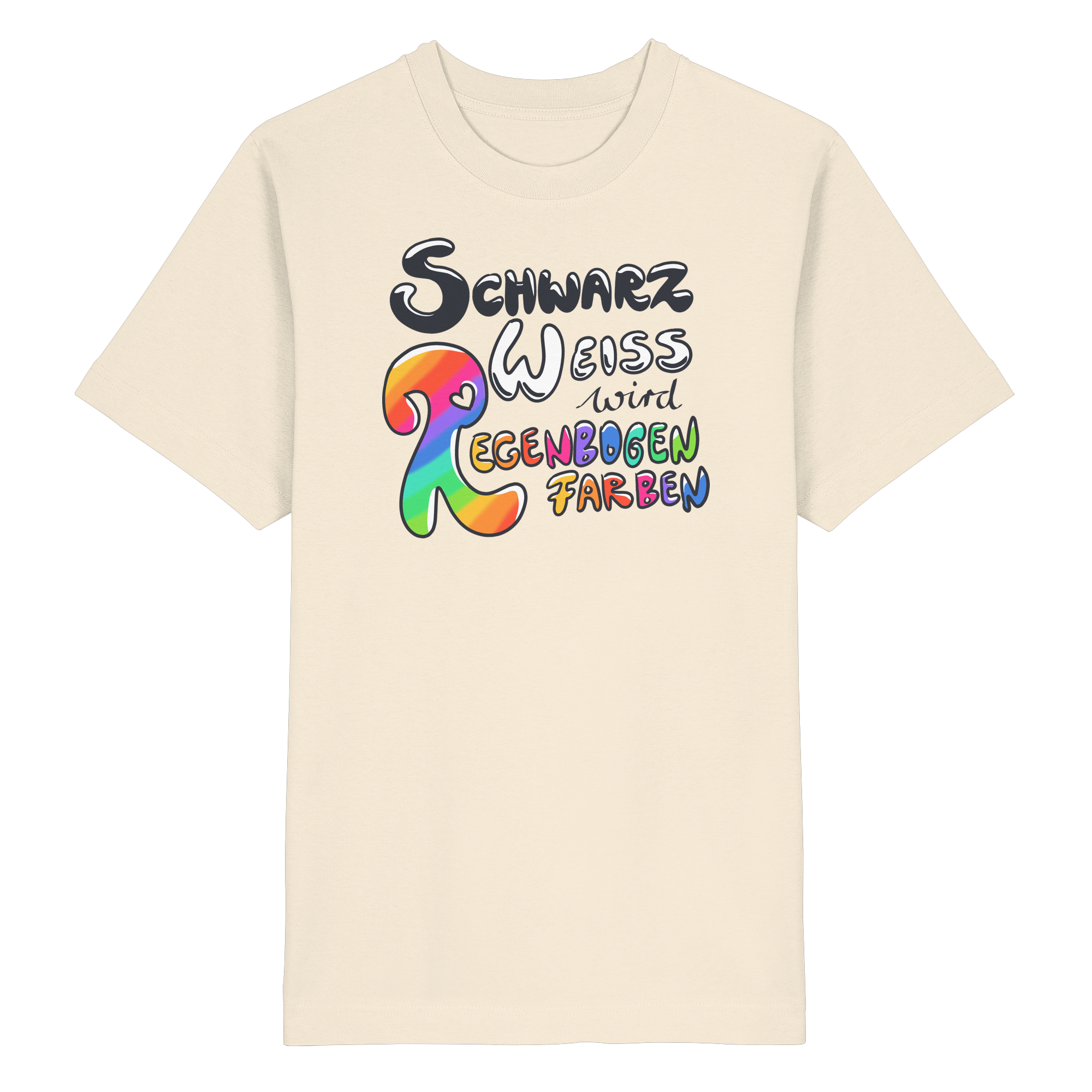 Schwarz Weiß wird Regenbogen Farben Frontprint (hell) - Heavy Oversized Organic Shirt