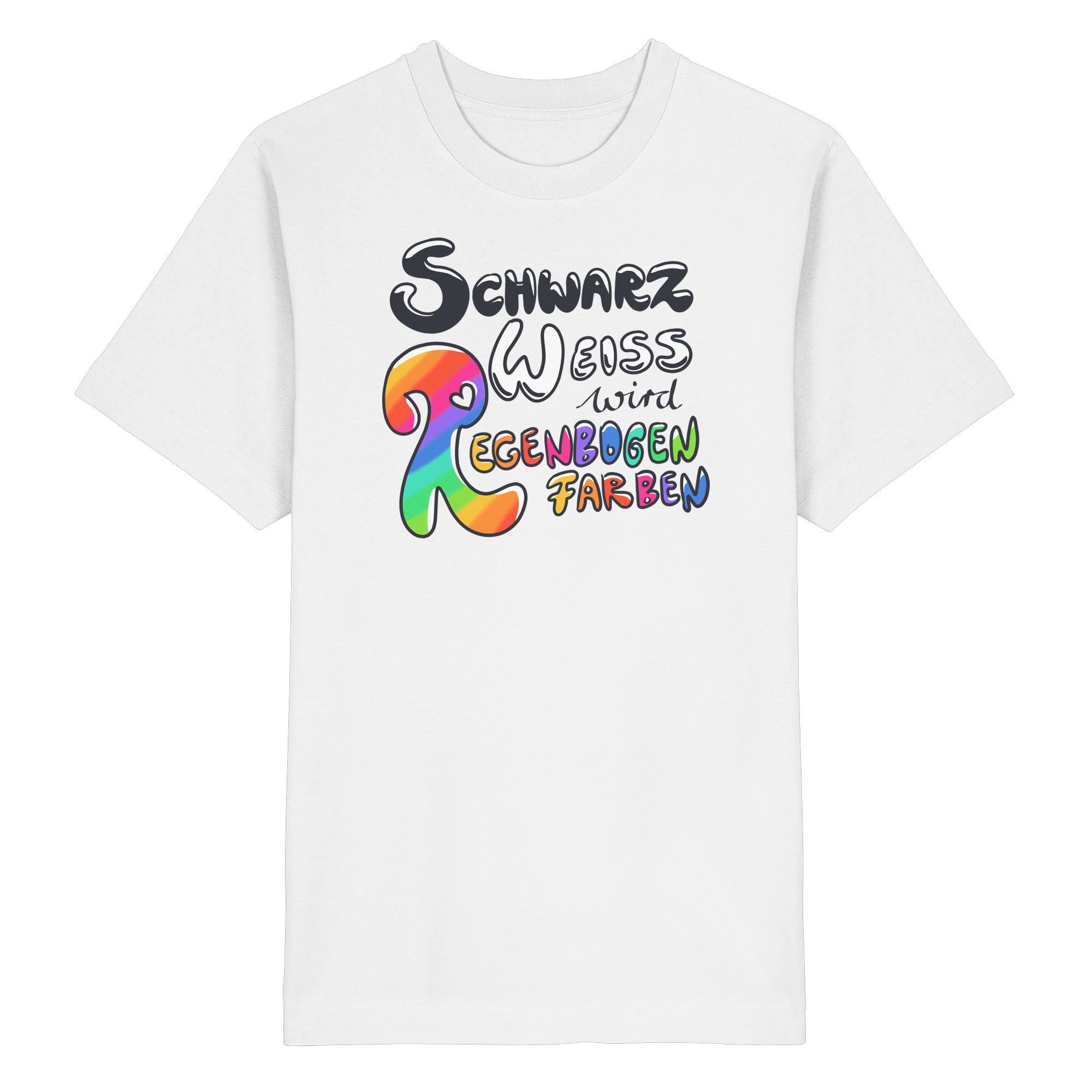Schwarz Weiß wird Regenbogen Farben Frontprint (hell) - Heavy Oversized Organic Shirt