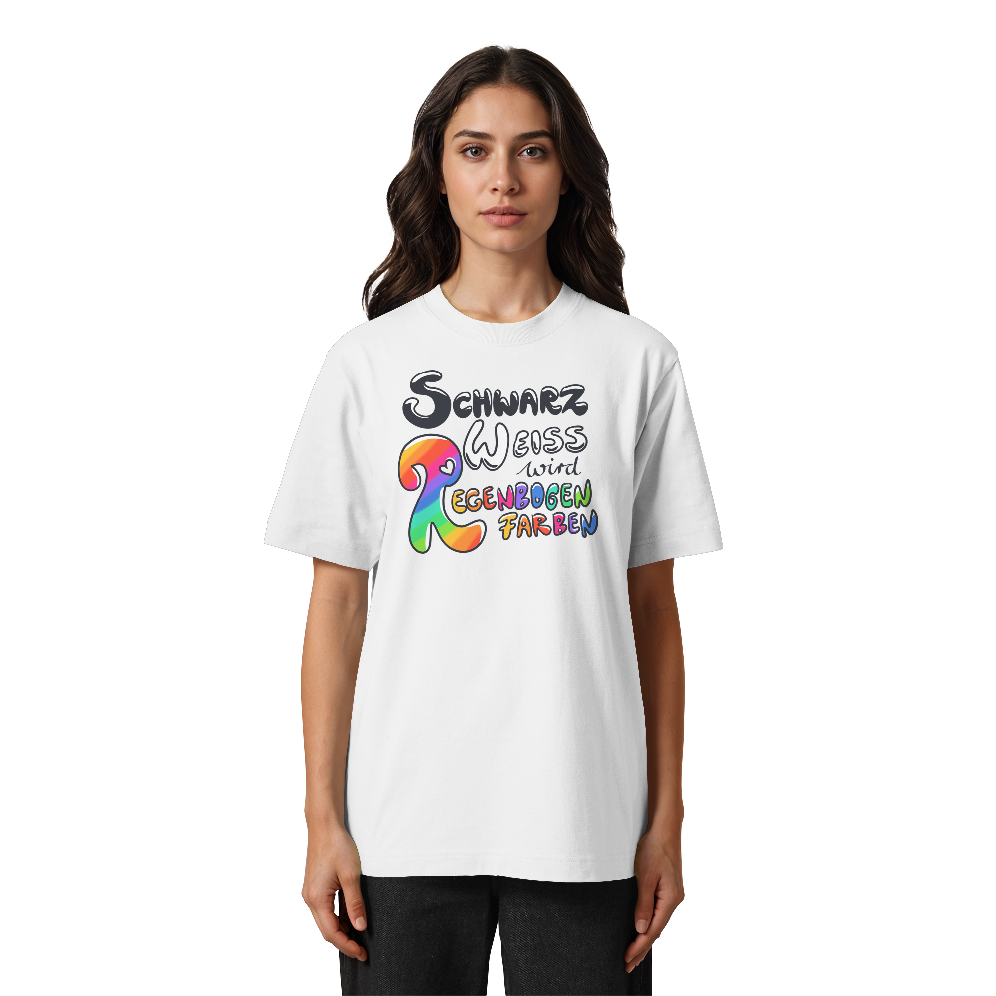 Schwarz Weiß wird Regenbogen Farben Frontprint (hell) - Heavy Oversized Organic Shirt