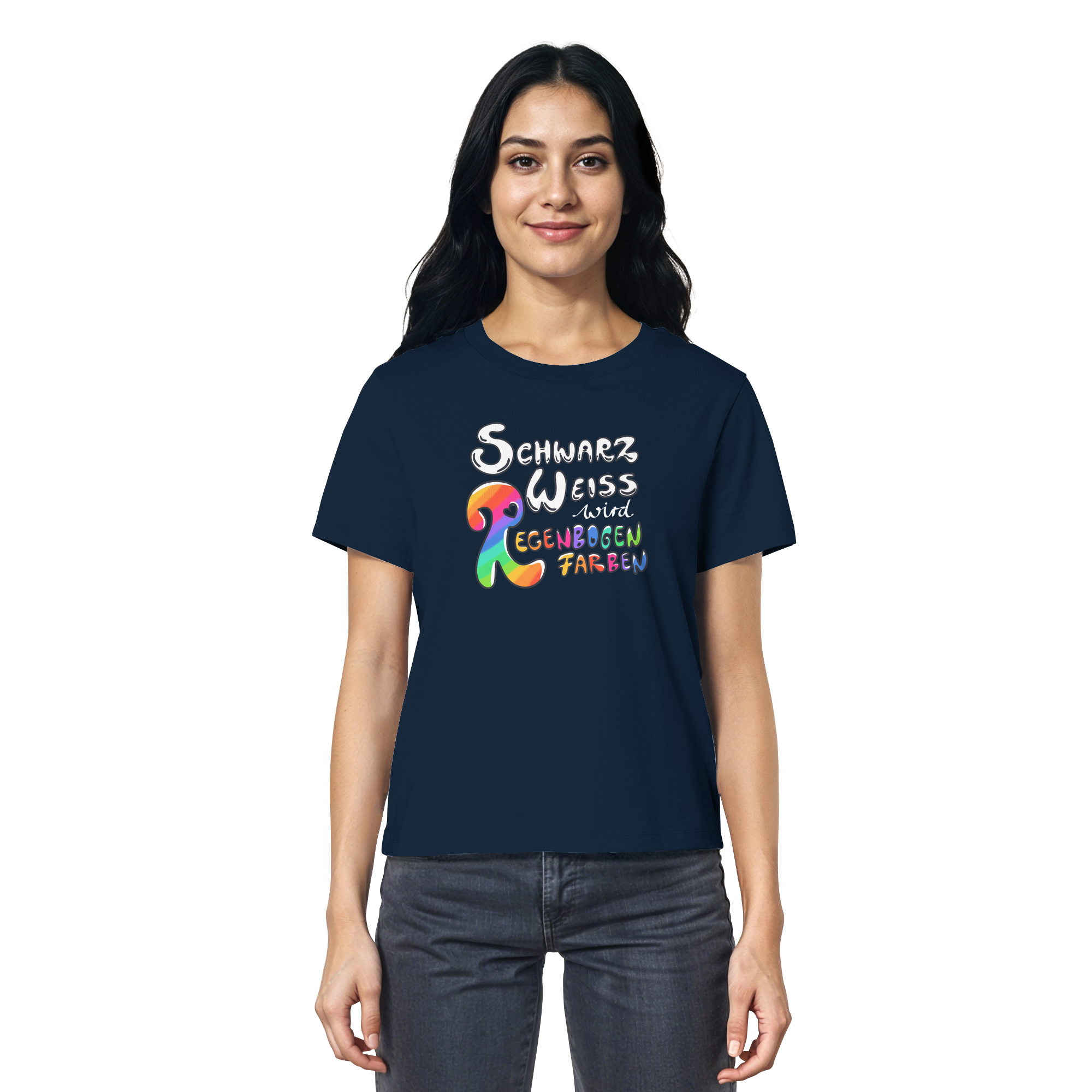 Schwarz Weiß wird Regenbogen Farben Frontprint (dunkel) - Ladies Organic Shirt