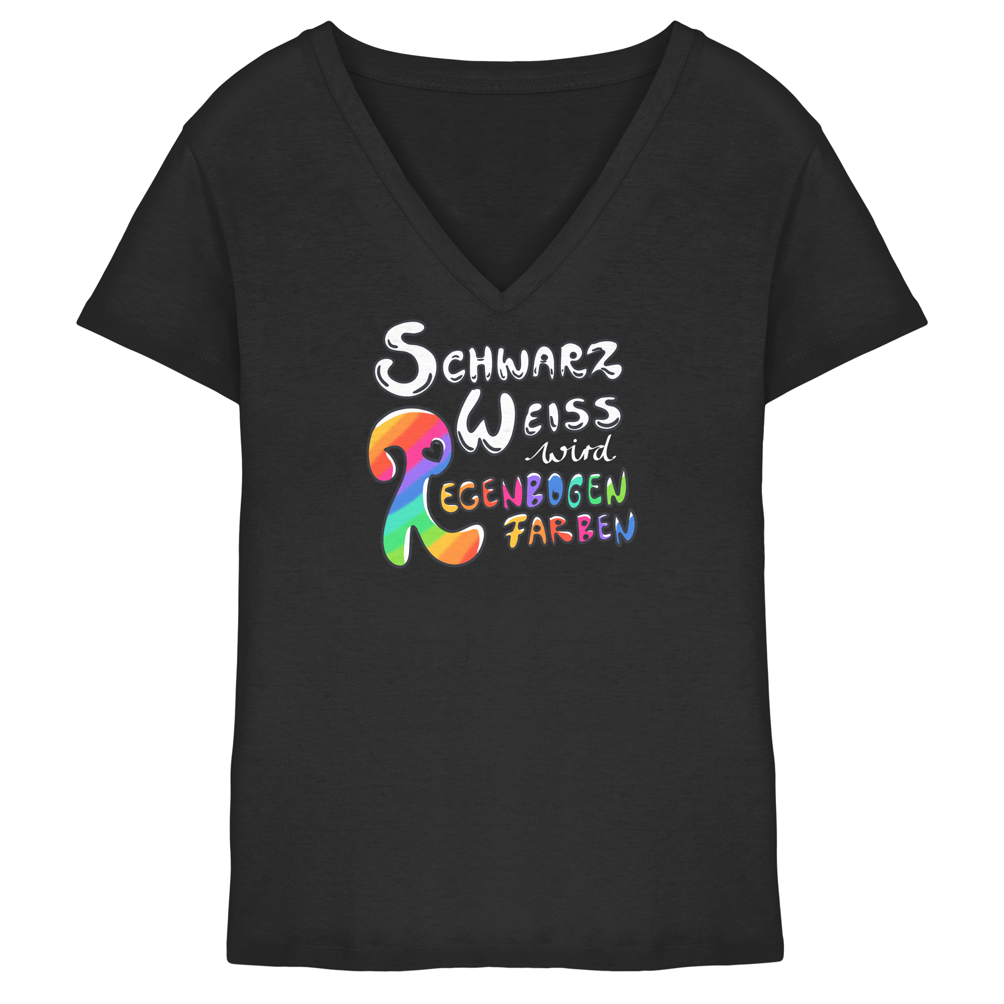 Schwarz Weiß wird Regenbogen Farben Frontprint (dunkel) - Ladies V-Neck Shirt