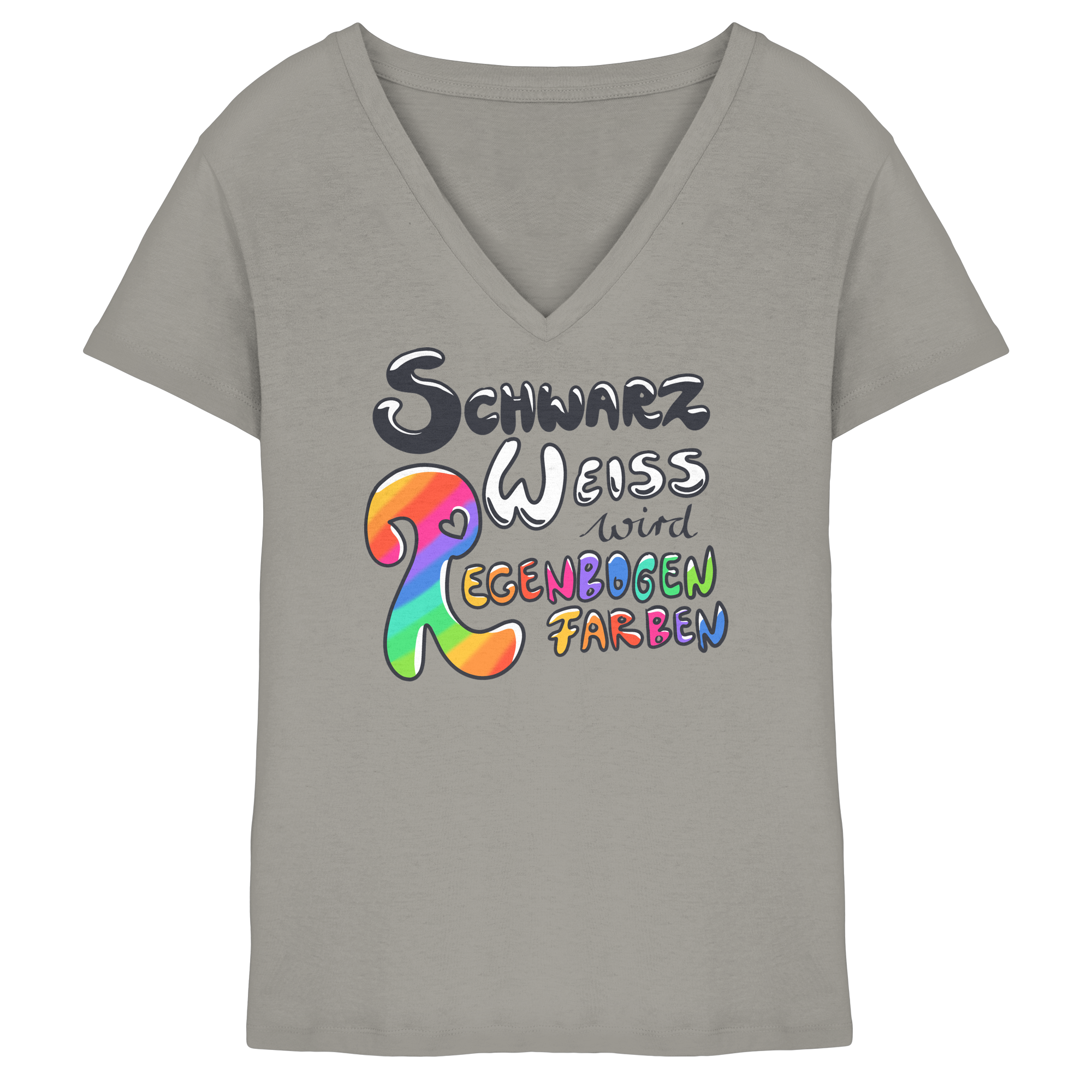 Schwarz Weiß wird Regenbogen Farben Frontprint (hell) - Ladies V-Neck Shirt