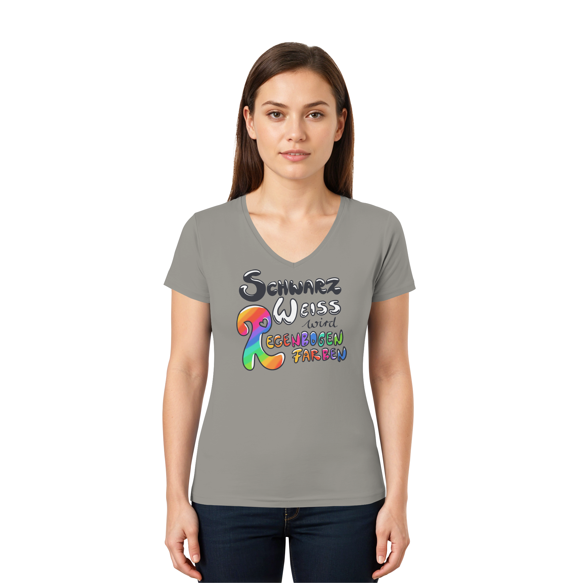 Schwarz Weiß wird Regenbogen Farben Frontprint (hell) - Ladies V-Neck Shirt