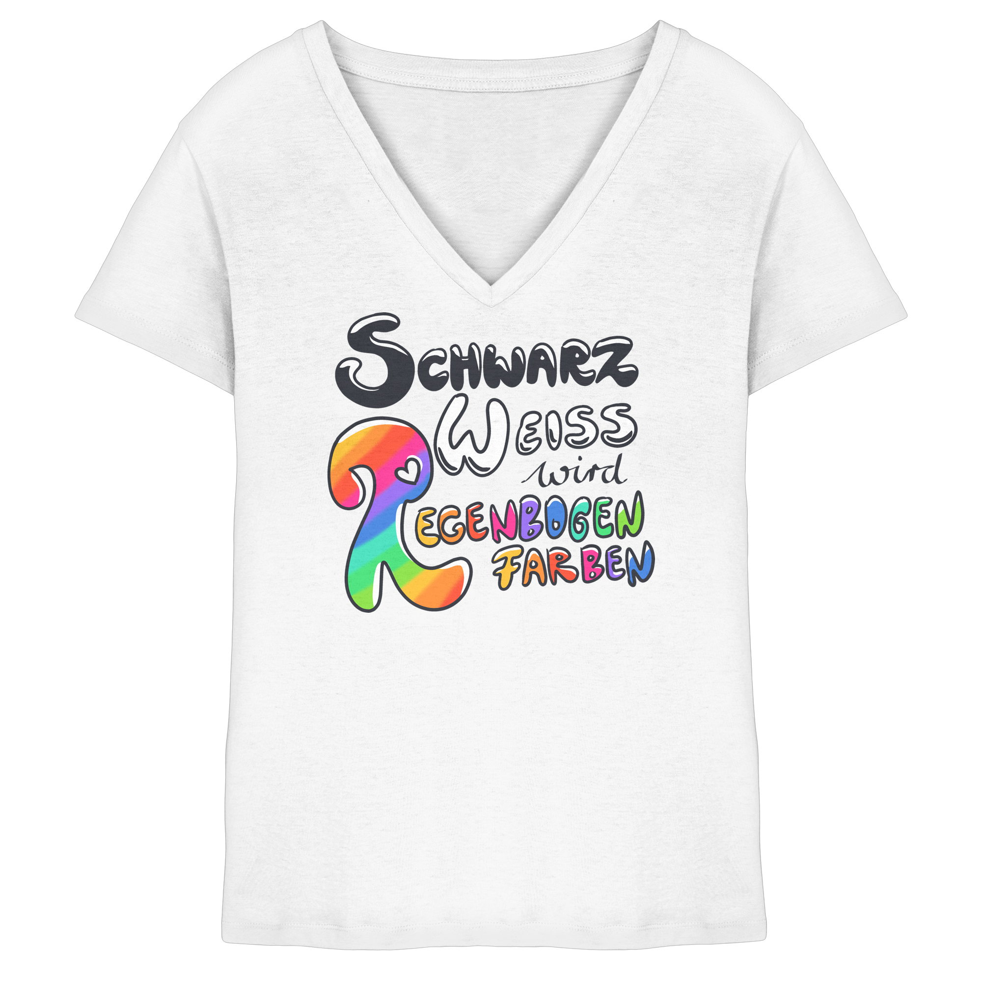 Schwarz Weiß wird Regenbogen Farben Frontprint (hell) - Ladies V-Neck Shirt