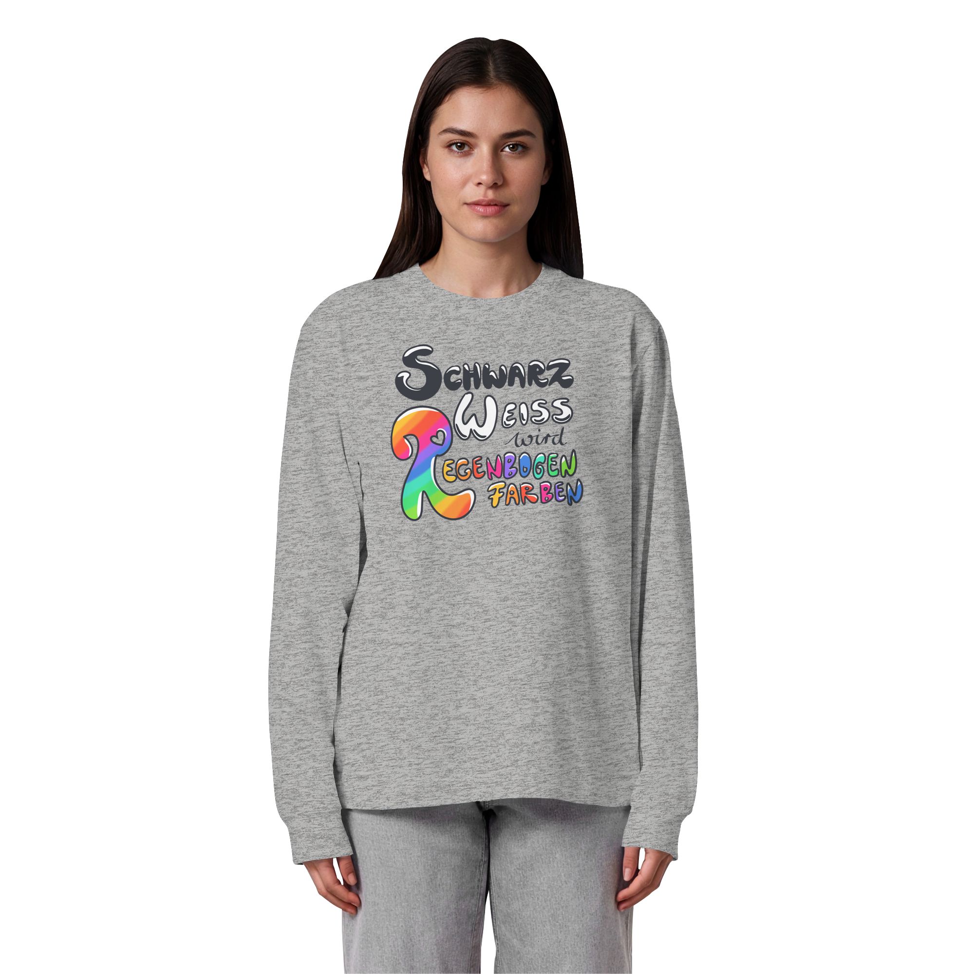 Schwarz Weiß wird Regenbogen Farben Frontprint (hell) - Organic Heavy Oversized Longsleeve T-Shirt