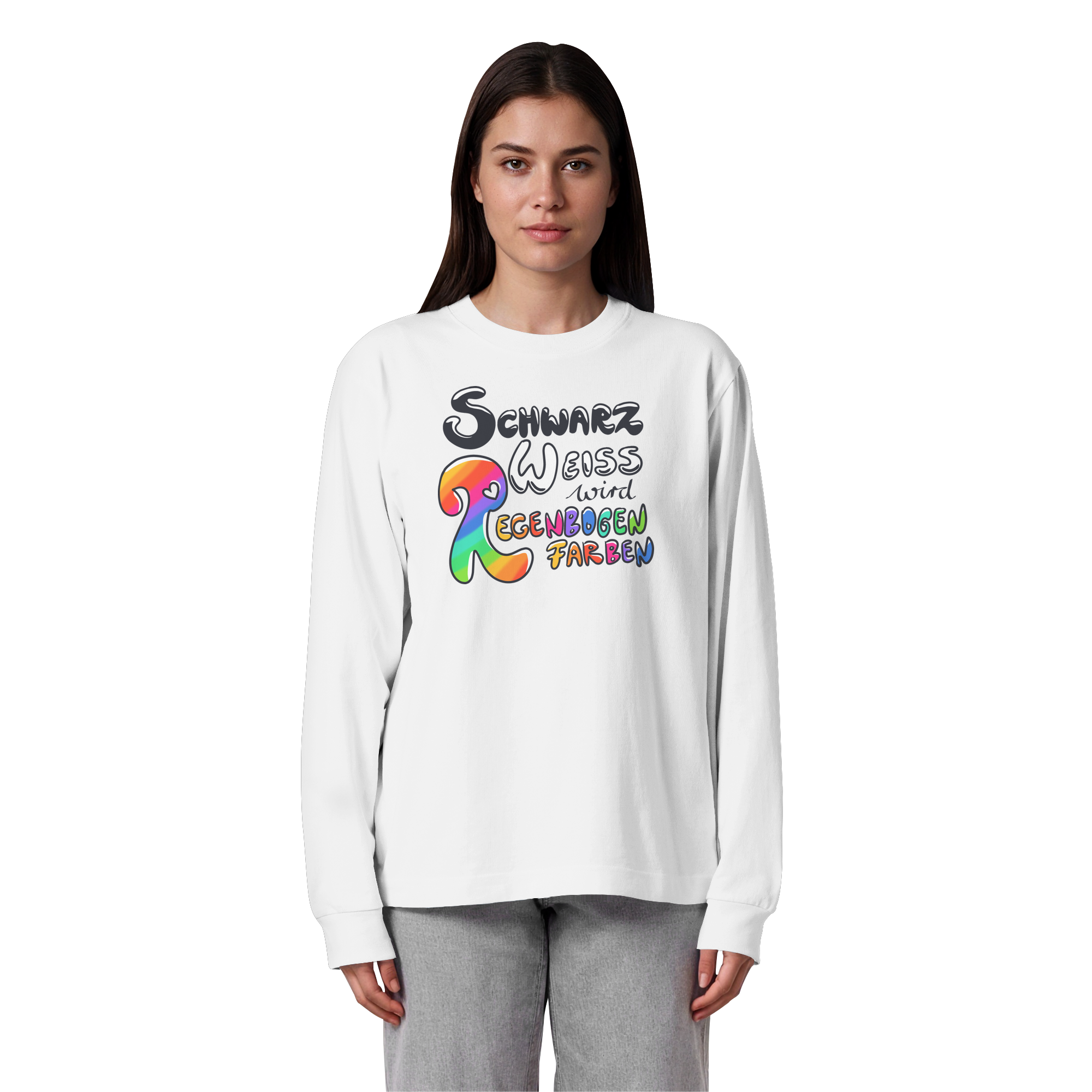 Schwarz Weiß wird Regenbogen Farben Frontprint (hell) - Organic Heavy Oversized Longsleeve T-Shirt