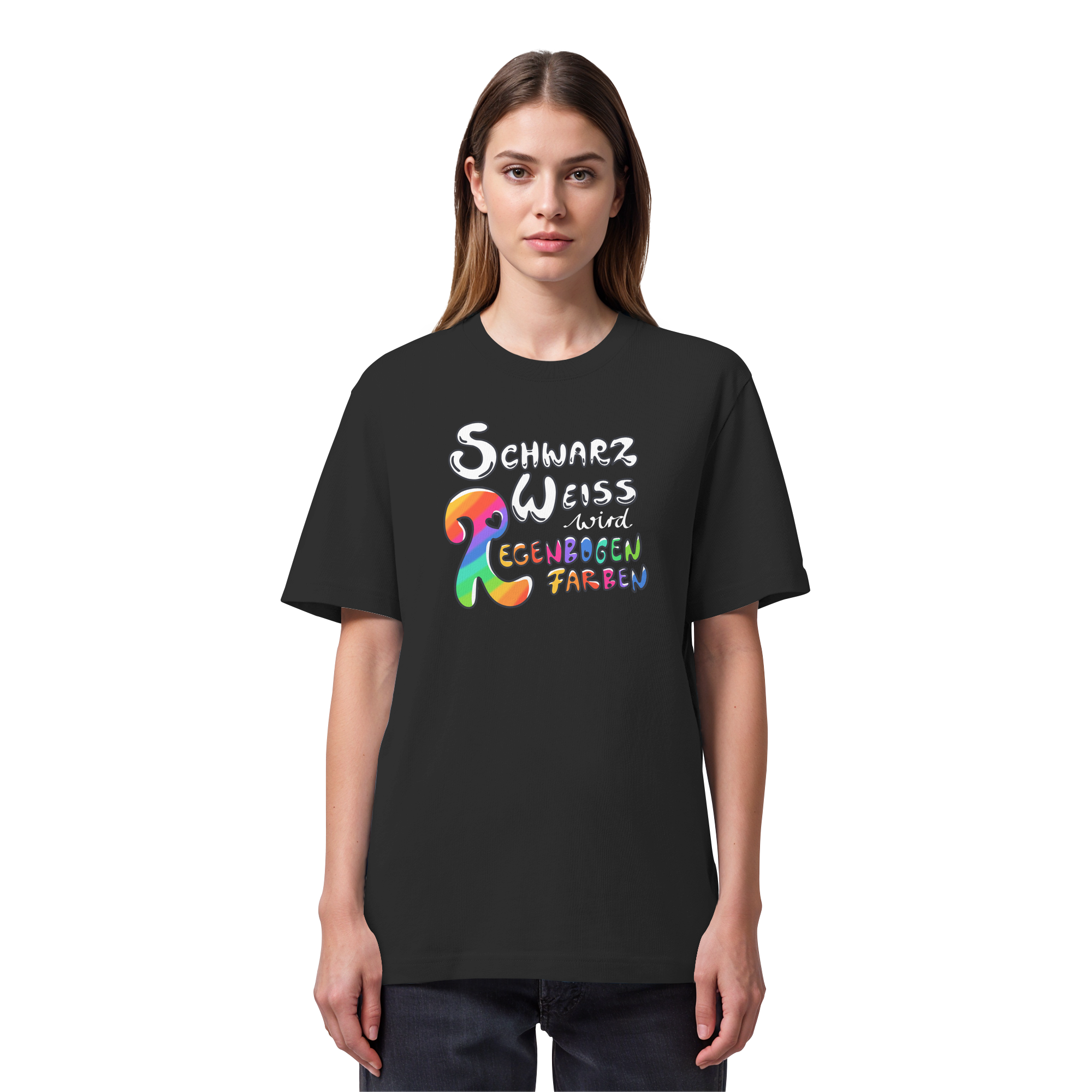 Schwarz Weiß wird Regenbogen Farben Frontprint (dunkel) - Organic Heavy T-Shirt