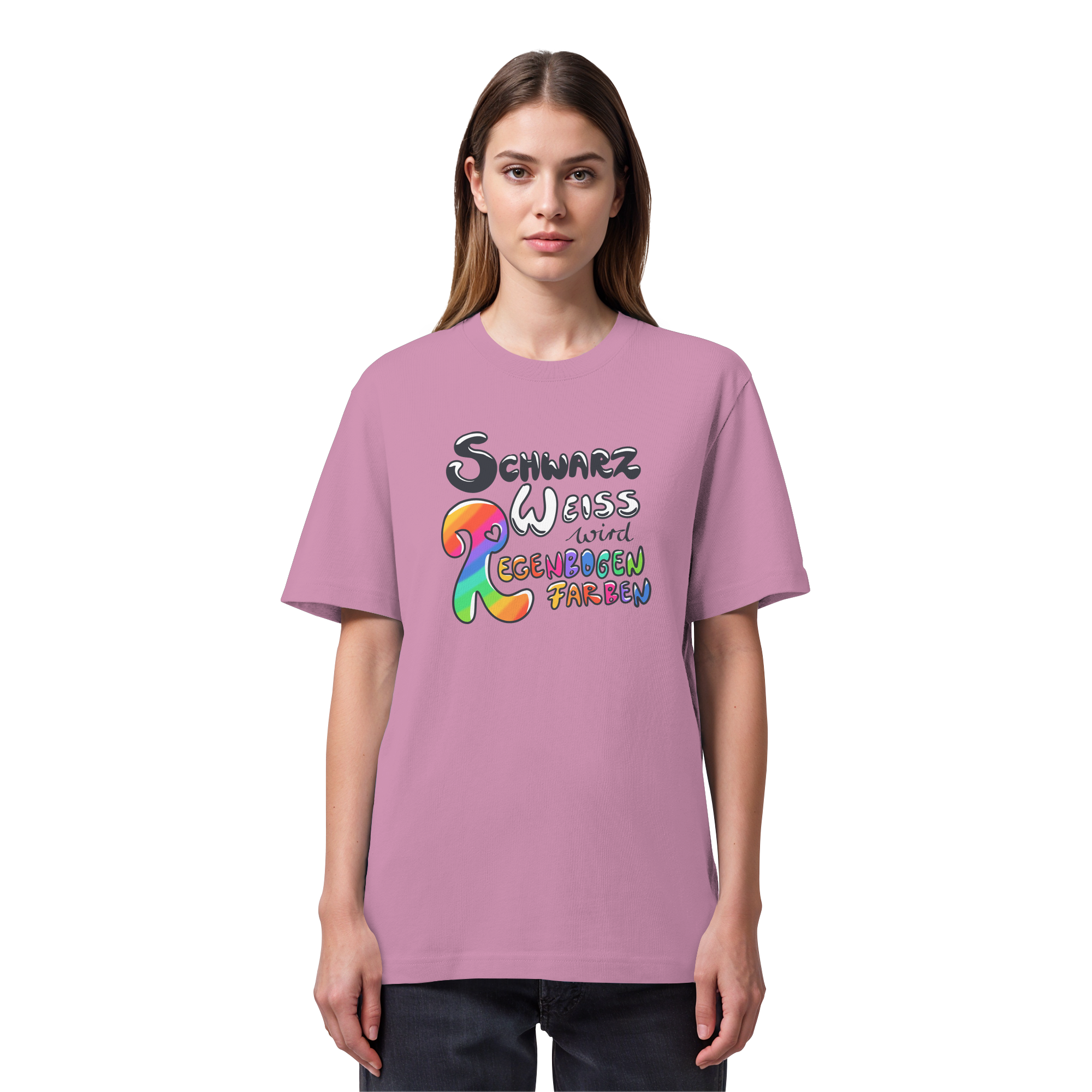 Schwarz Weiß wird Regenbogen Farben Frontprint (hell) - Organic Heavy T-Shirt