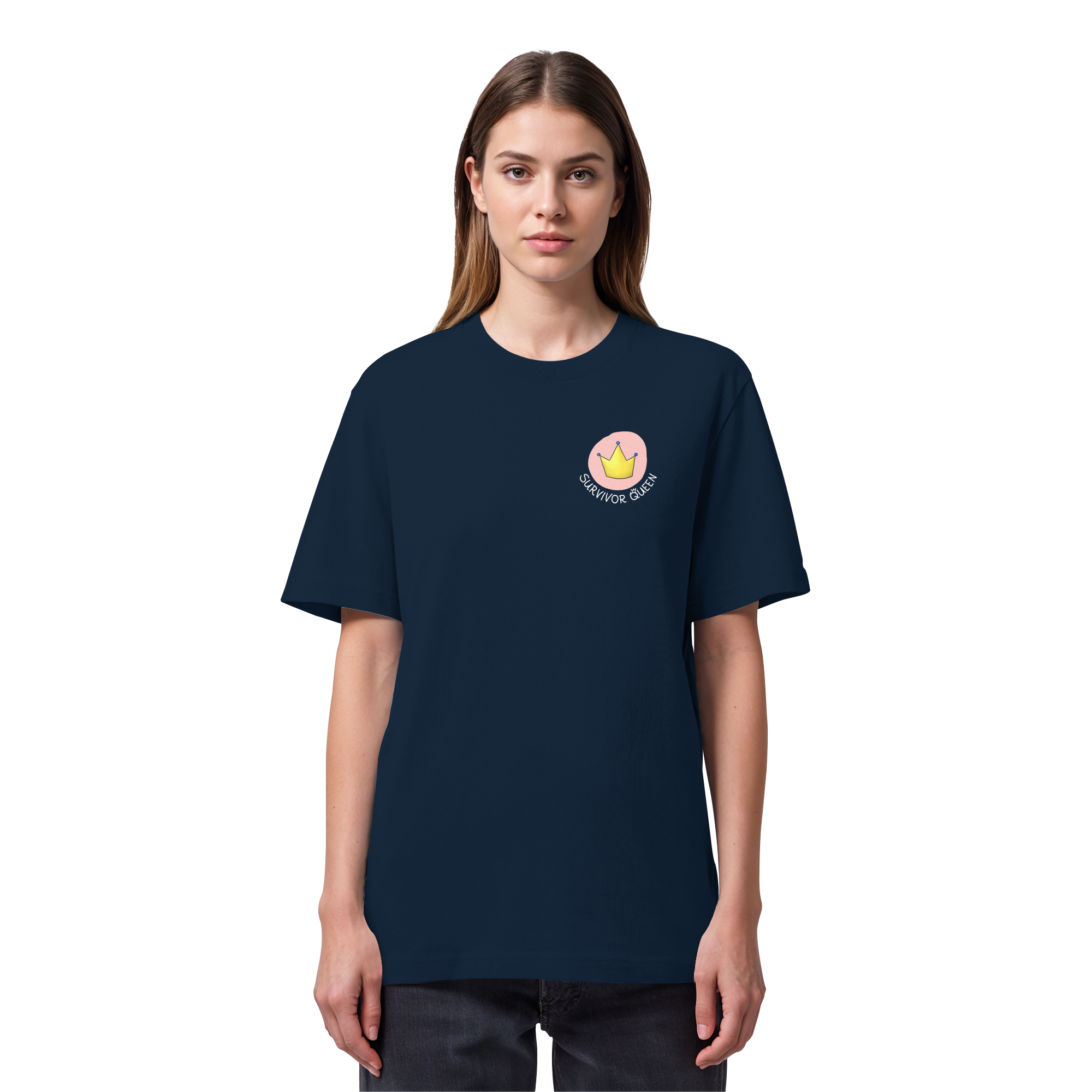 Survivor Queens Logo mit "Mein Körper gehört mir" Backprint (dunkel) - Organic Heavy T-Shirt