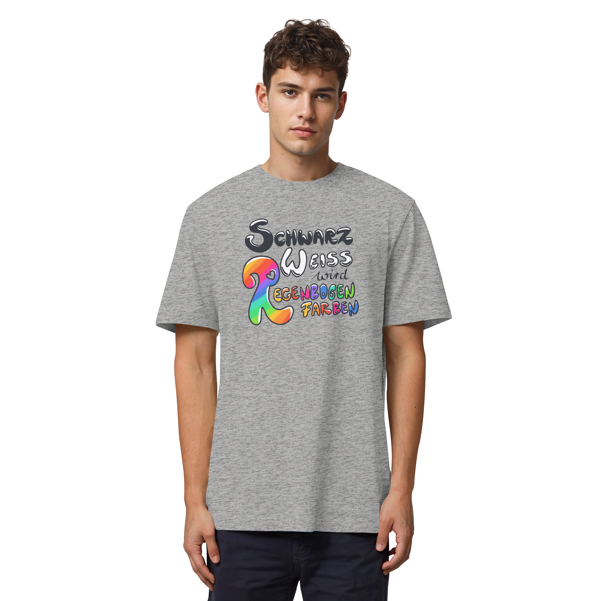 Schwarz Weiß wird Regenbogen Farben Frontprint (hell) - Organic Heavy T-Shirt