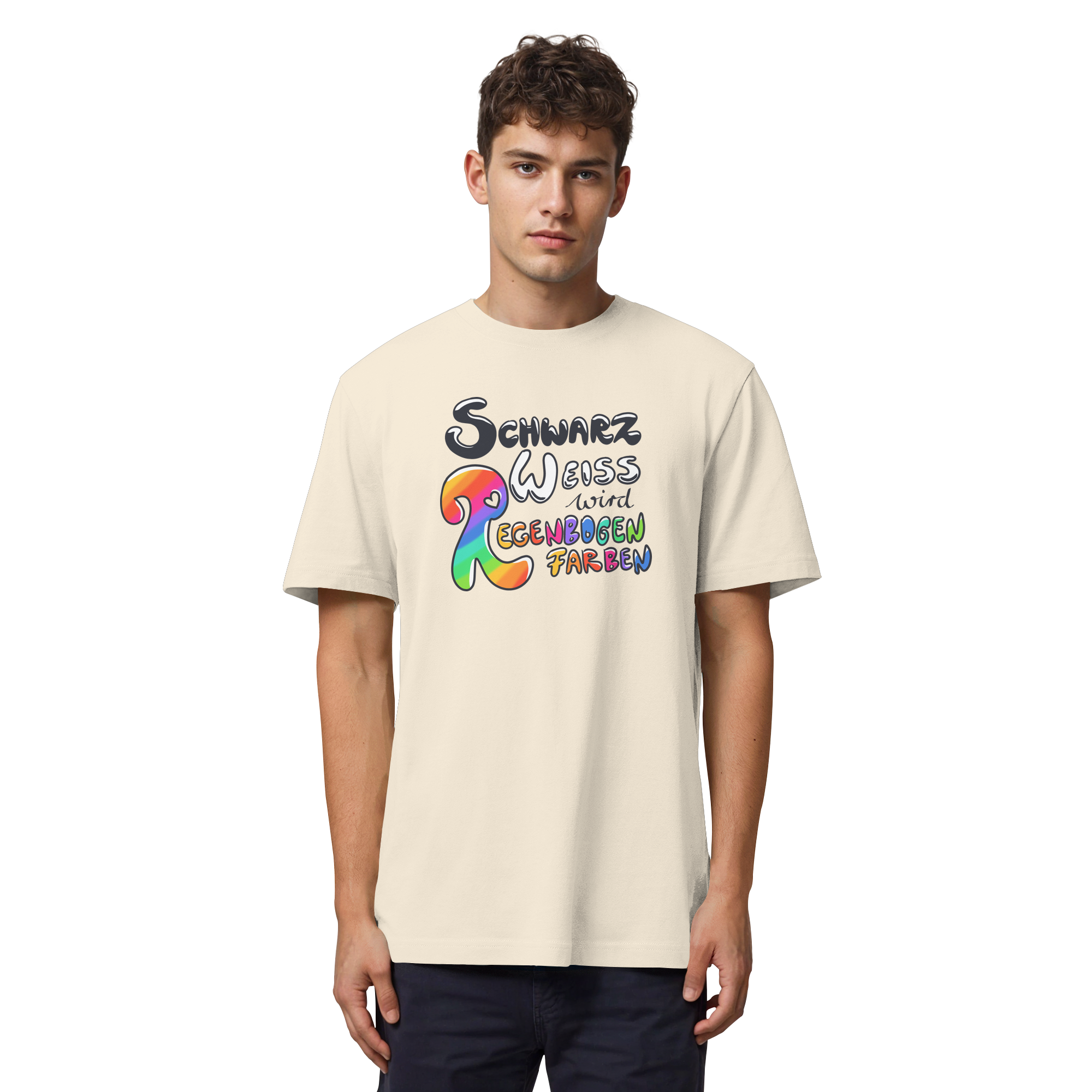 Schwarz Weiß wird Regenbogen Farben Frontprint (hell) - Organic Heavy T-Shirt