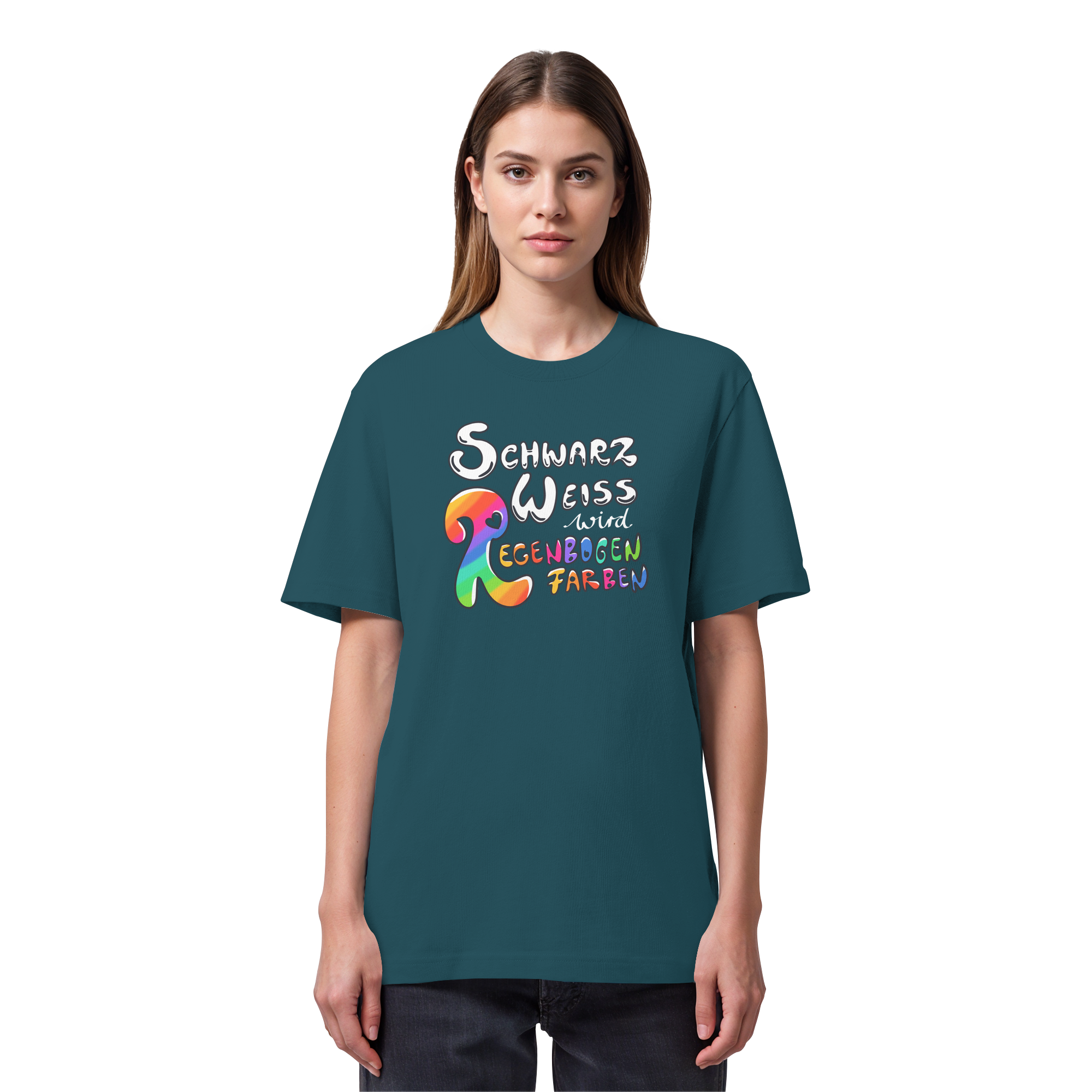 Schwarz Weiß wird Regenbogen Farben Frontprint (dunkel) - Organic Heavy T-Shirt