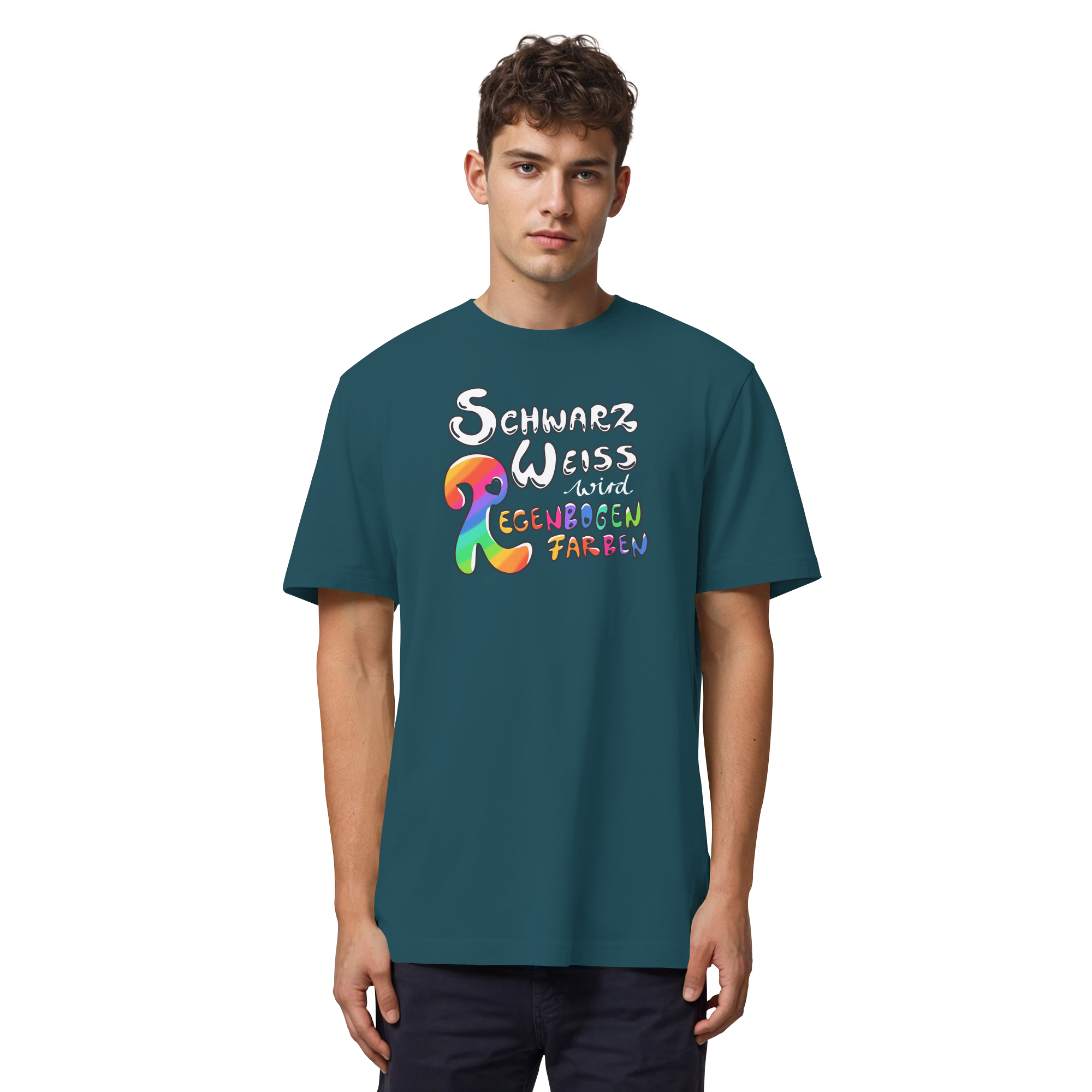 Schwarz Weiß wird Regenbogen Farben Frontprint (dunkel) - Organic Heavy T-Shirt