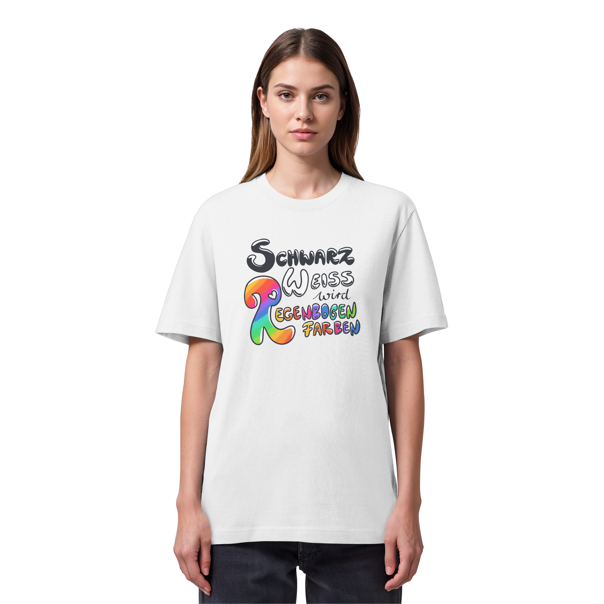 Schwarz Weiß wird Regenbogen Farben Frontprint (hell) - Organic Heavy T-Shirt