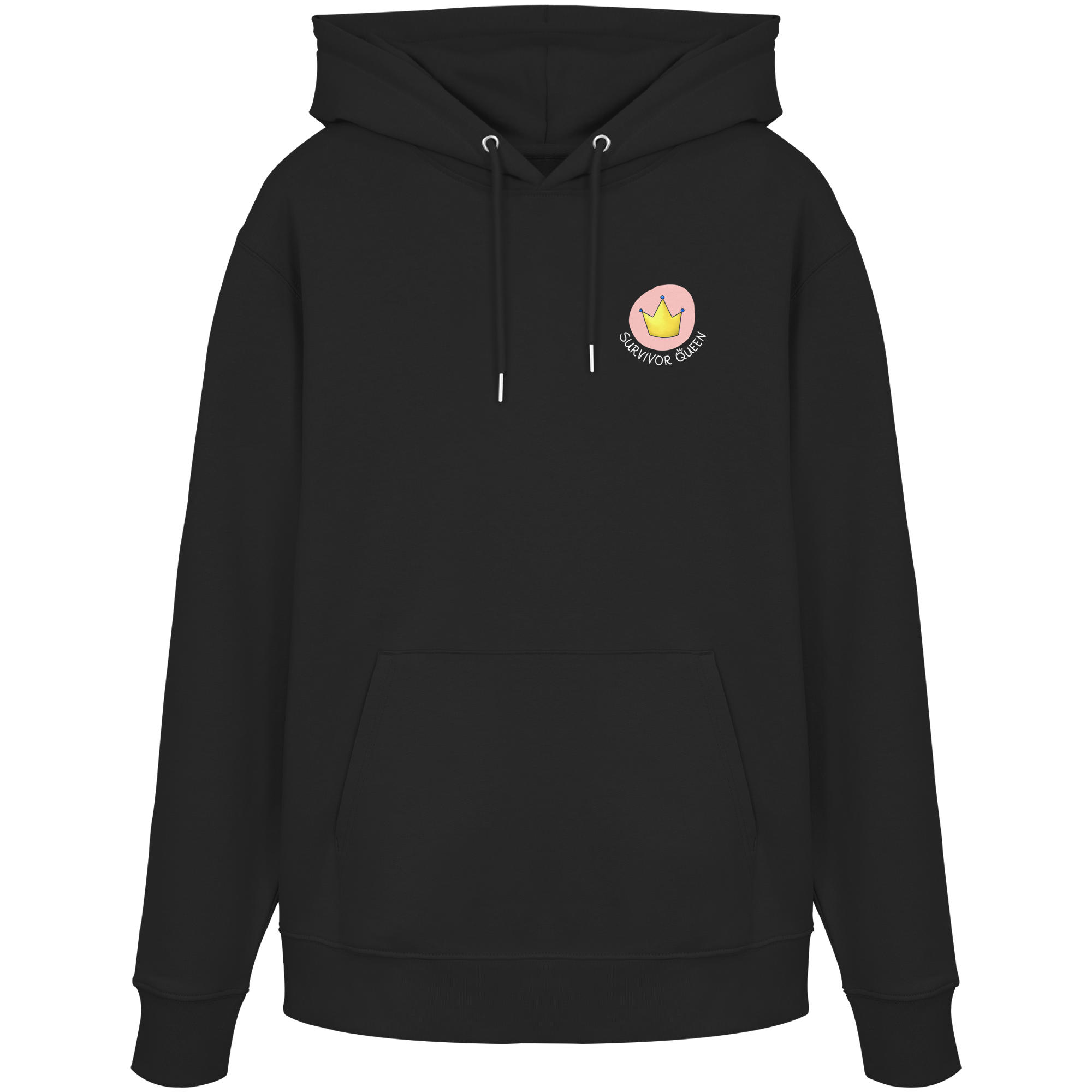 Survivor Queens Logo "Schriftzug Edition" mit Seelenmännchen "Selbstverteidigung Edition" Backprint (dunkel) - Organic Hoodie