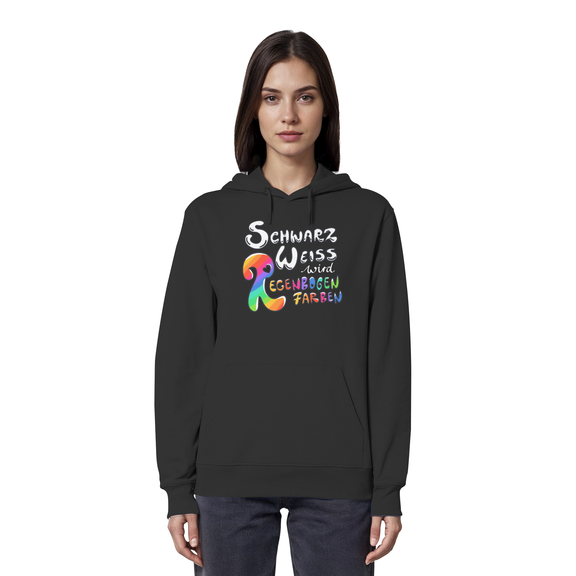 Schwarz Weiß wird Regenbogen Farben Frontprint (dunkel) - Organic Hoodie
