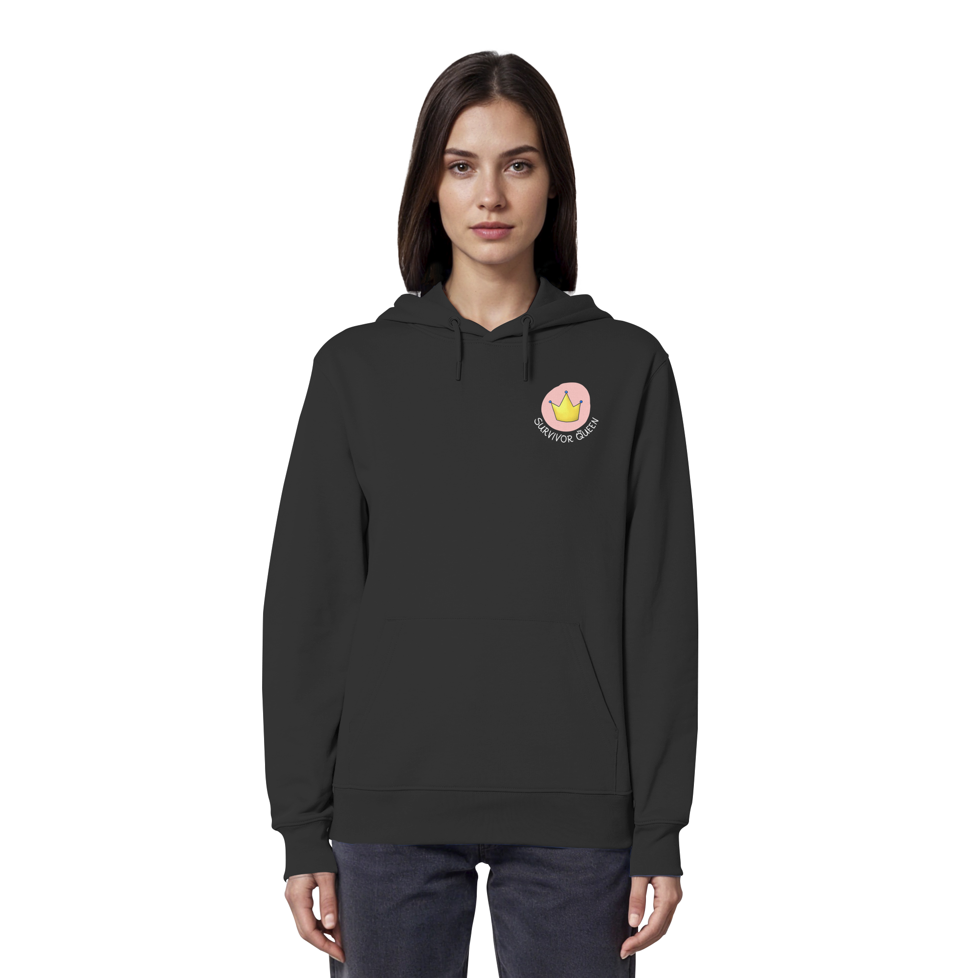 Survivor Queens Logo mit "Mein Körper gehört mir" Backprint (dunkel) - Organic Hoodie