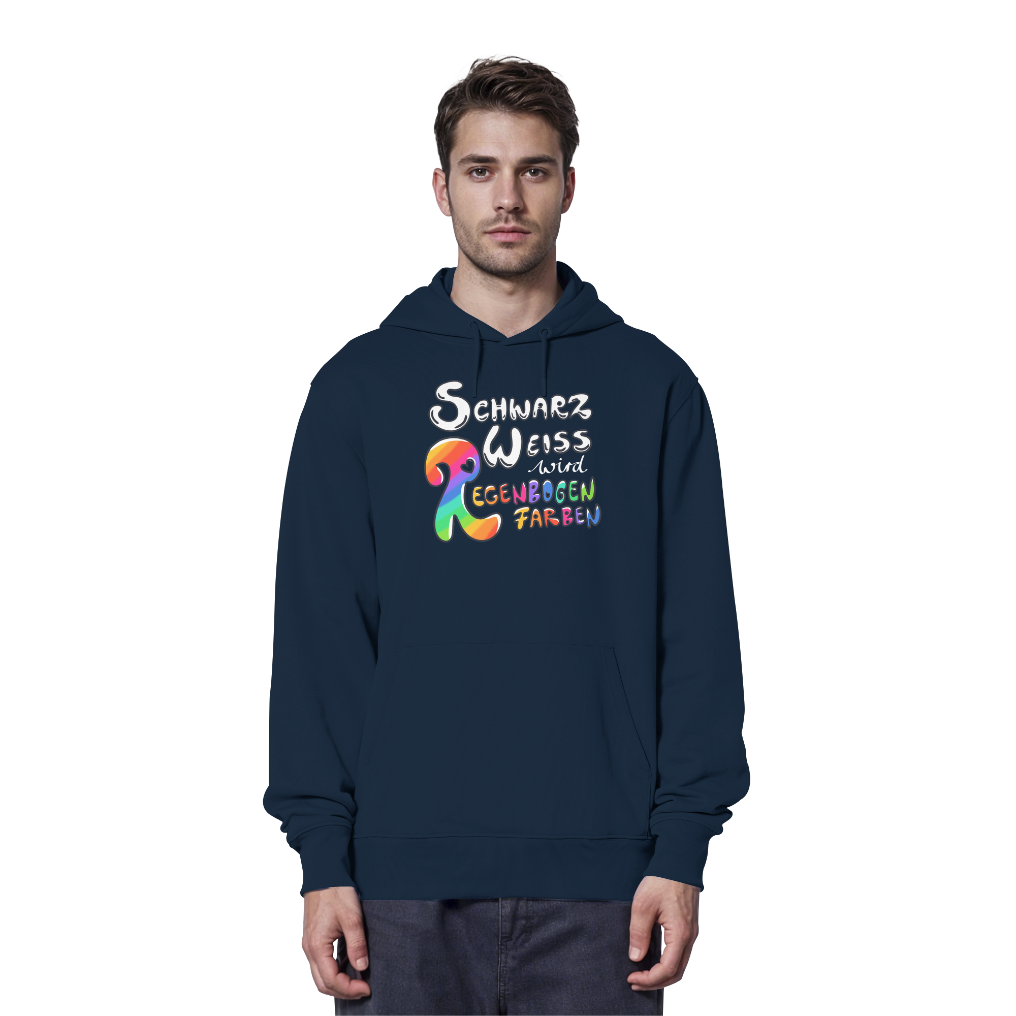 Schwarz Weiß wird Regenbogen Farben Frontprint (dunkel) - Organic Hoodie