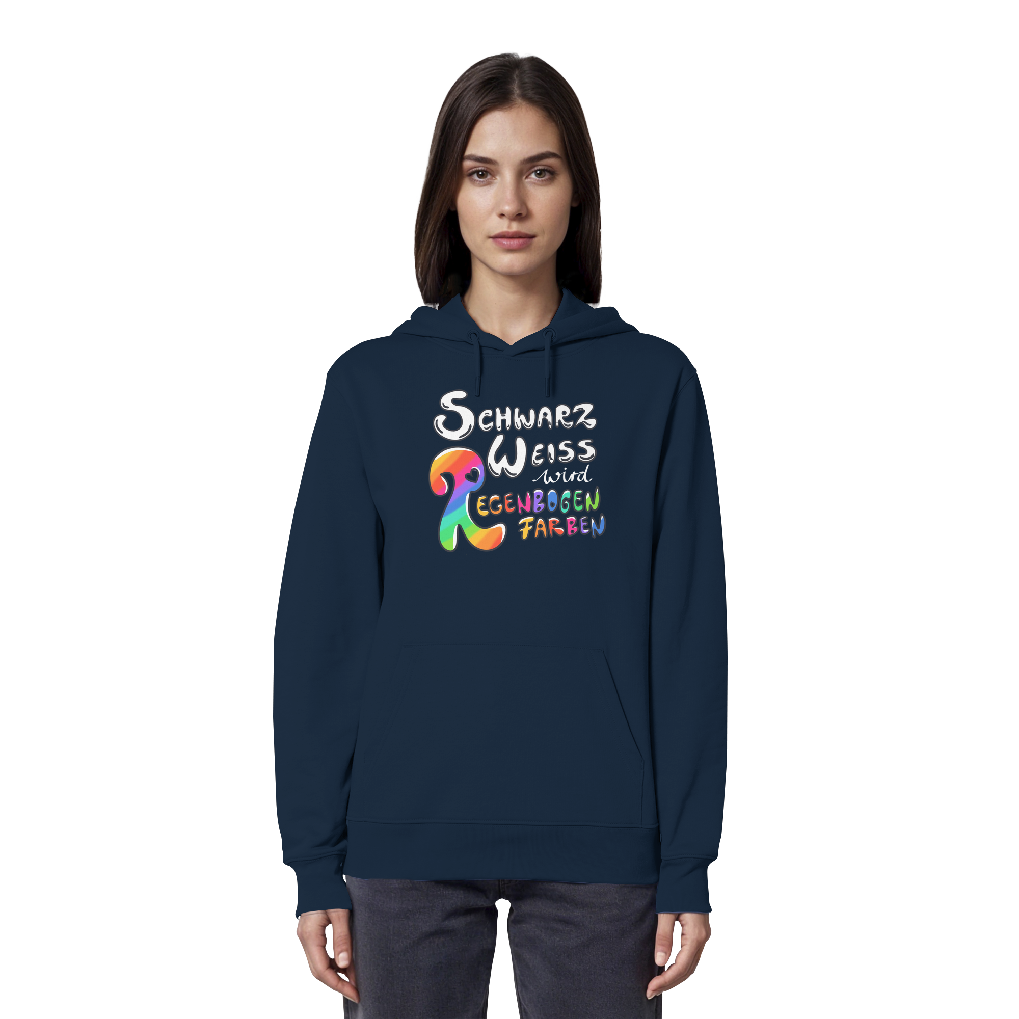Schwarz Weiß wird Regenbogen Farben Frontprint (dunkel) - Organic Hoodie