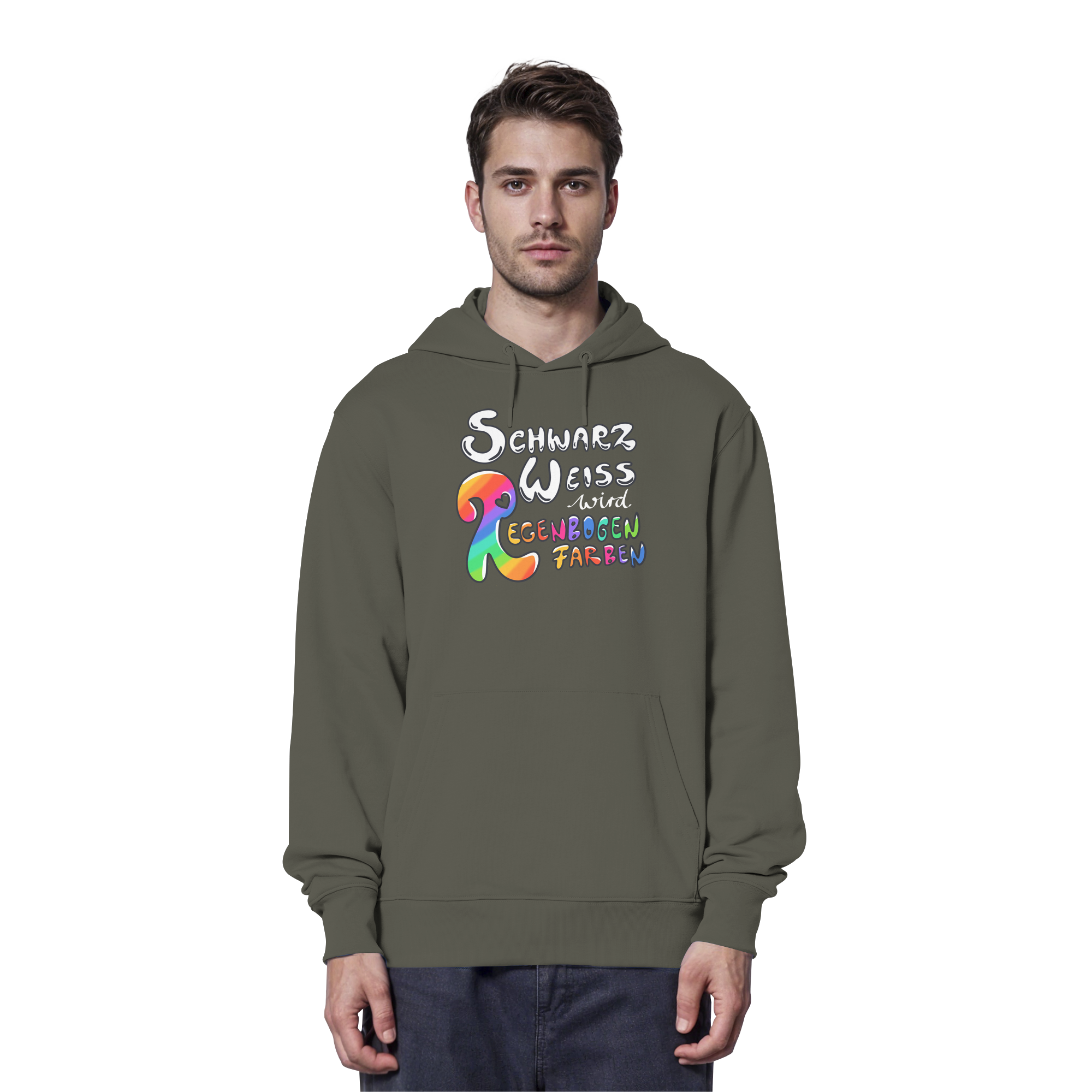 Schwarz Weiß wird Regenbogen Farben Frontprint (dunkel) - Organic Hoodie