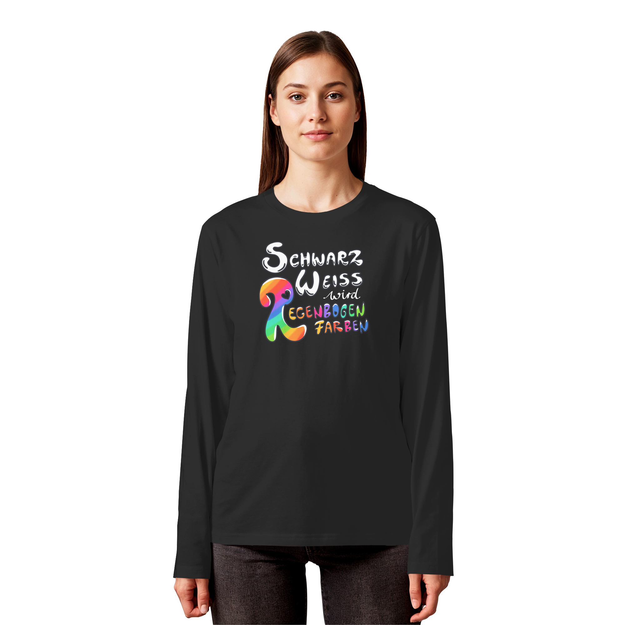 Schwarz Weiß wird Regenbogen Farben Frontprint (dunkel) - Organic Longsleeve T-Shirt