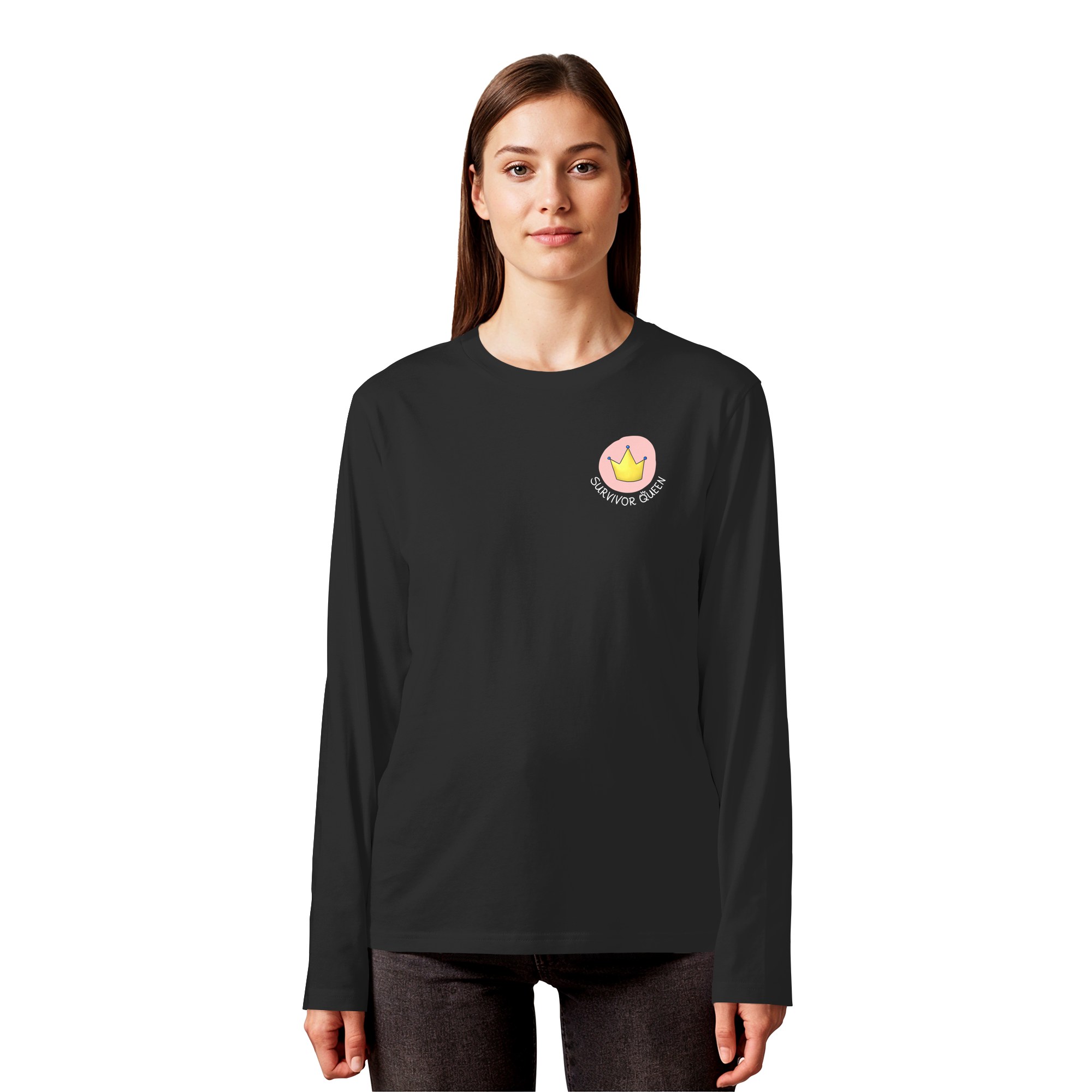 Survivor Queens Logo mit "Mein Körper gehört mir" Backprint (dunkel) - Organic Longsleeve T-Shirt