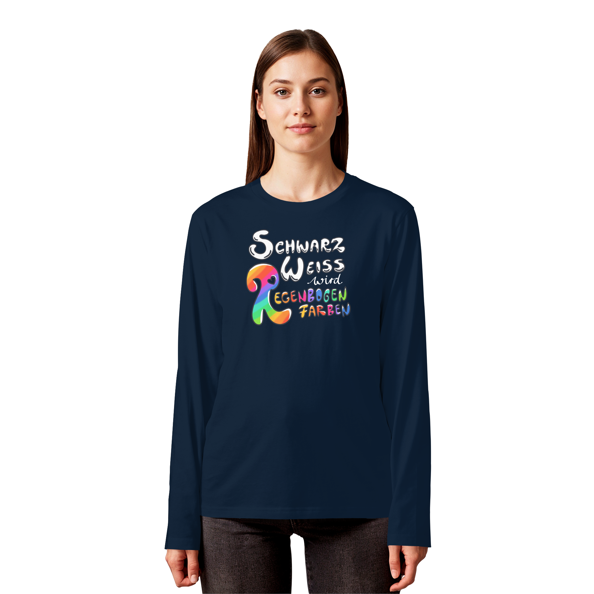 Schwarz Weiß wird Regenbogen Farben Frontprint (dunkel) - Organic Longsleeve T-Shirt