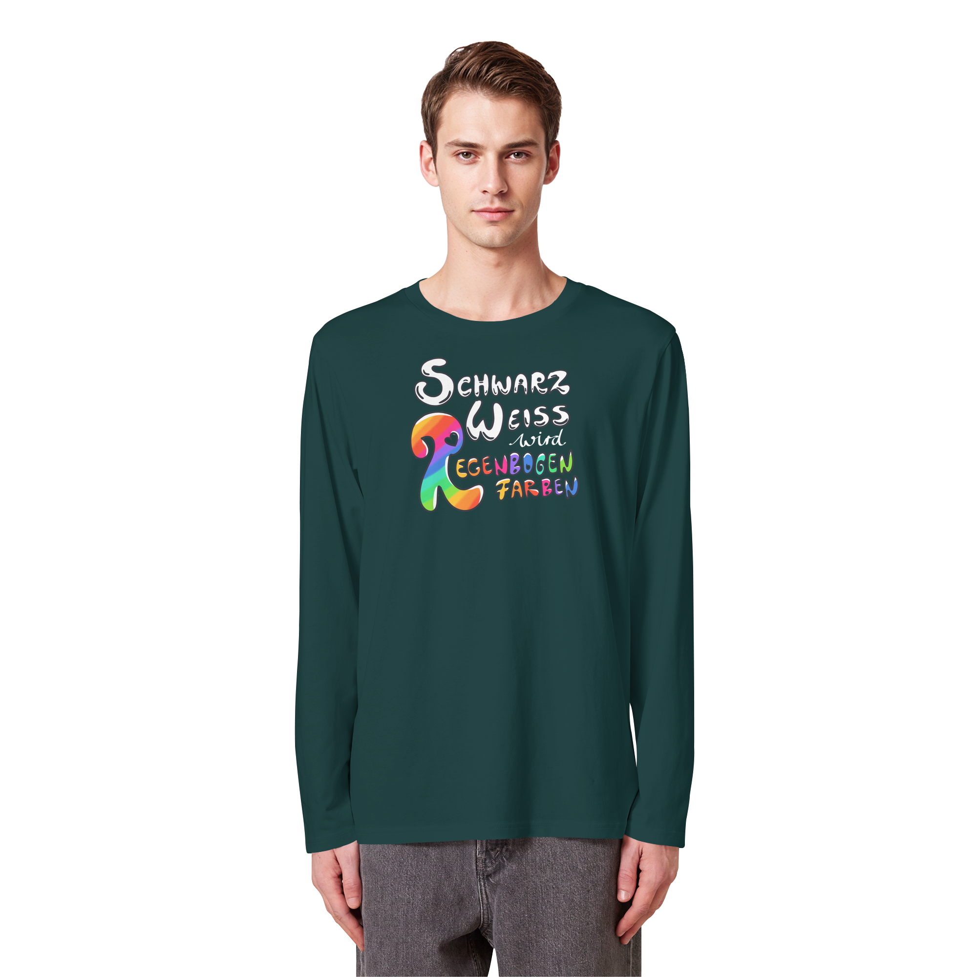 Schwarz Weiß wird Regenbogen Farben Frontprint (dunkel) - Organic Longsleeve T-Shirt