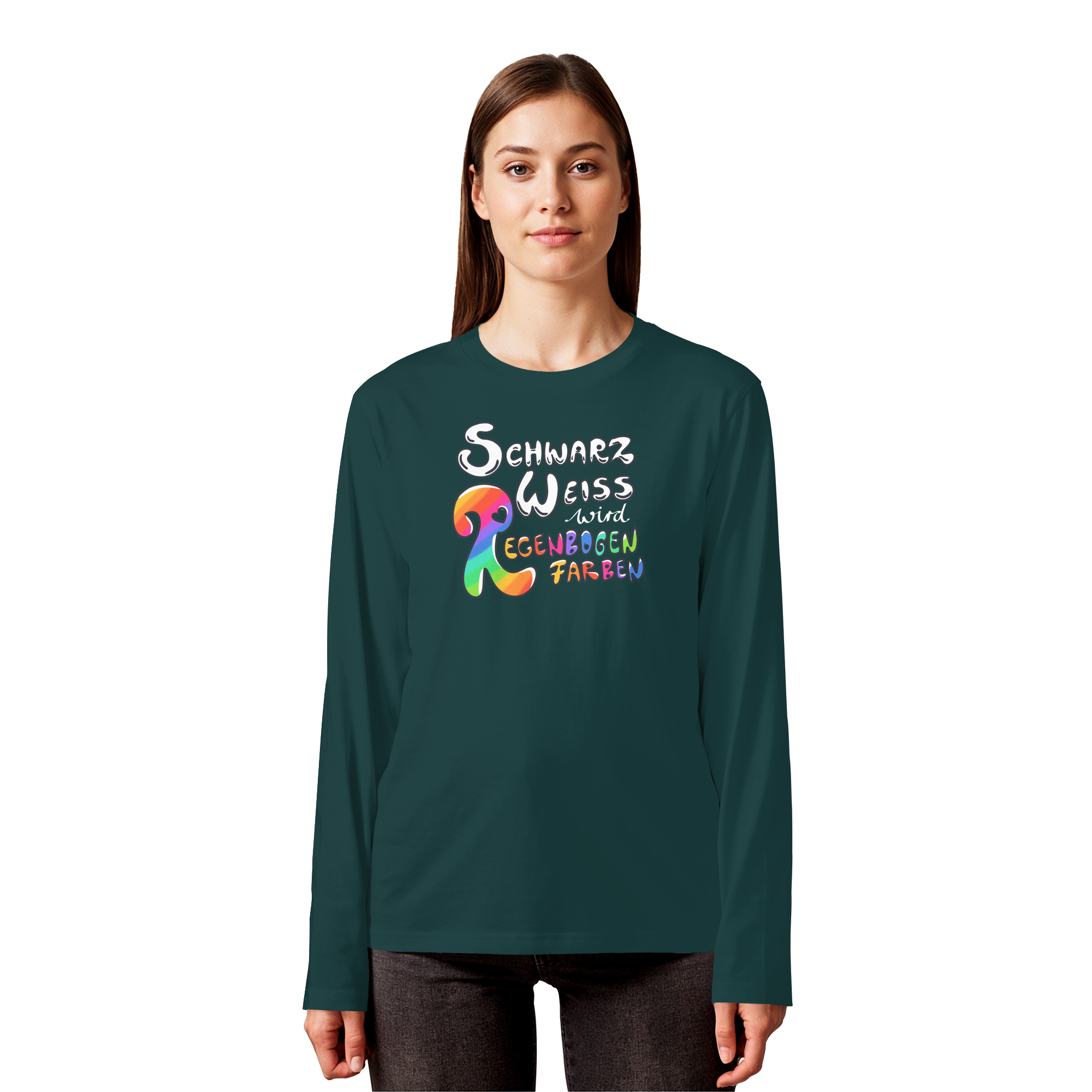 Schwarz Weiß wird Regenbogen Farben Frontprint (dunkel) - Organic Longsleeve T-Shirt