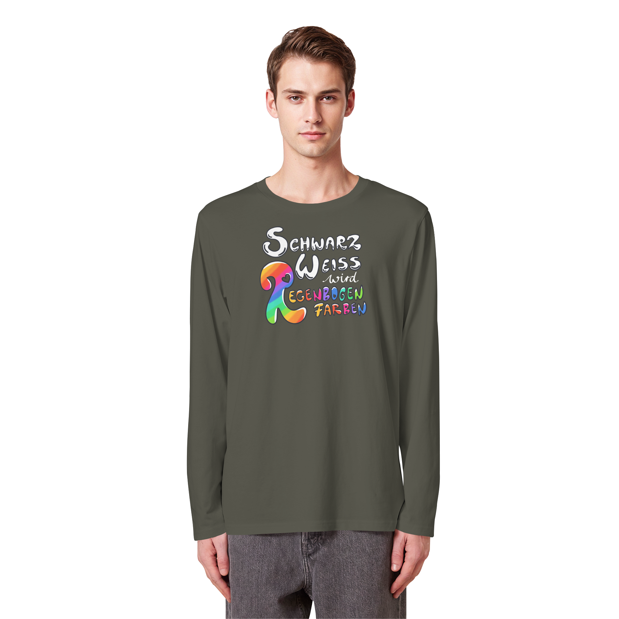 Schwarz Weiß wird Regenbogen Farben Frontprint (dunkel) - Organic Longsleeve T-Shirt