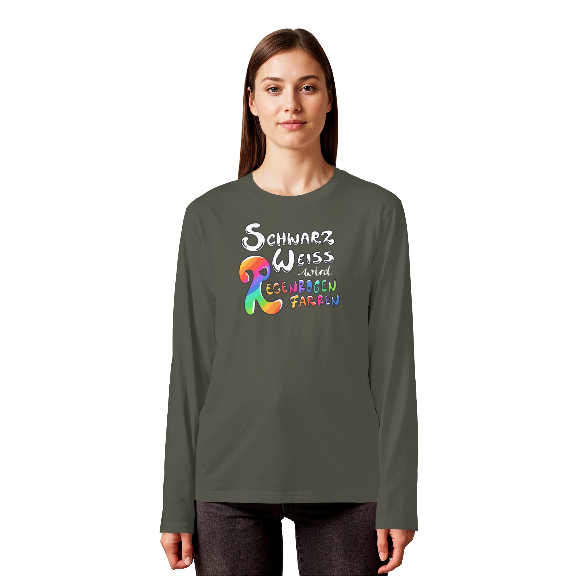 Schwarz Weiß wird Regenbogen Farben Frontprint (dunkel) - Organic Longsleeve T-Shirt