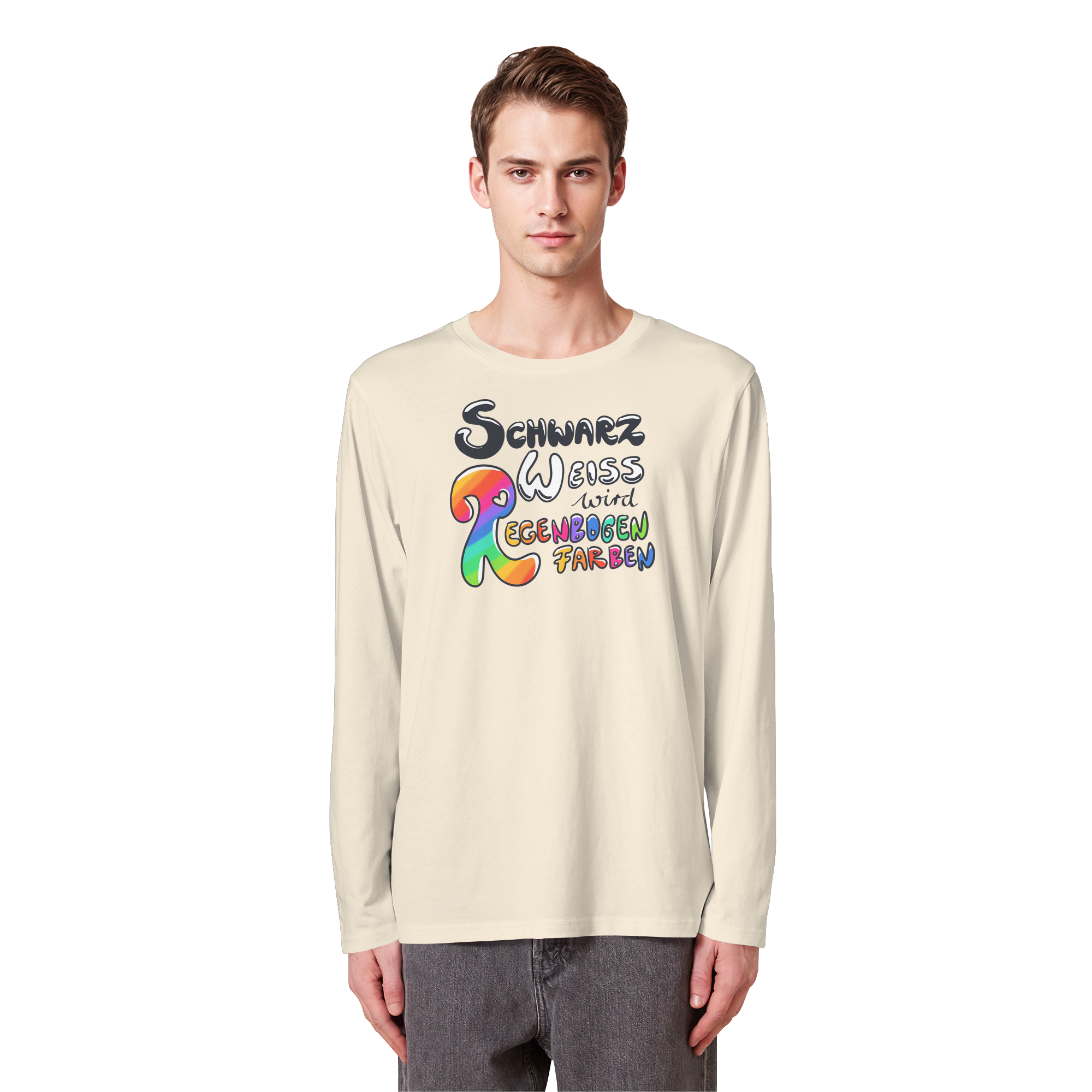 Schwarz Weiß wird Regenbogen Farben Frontprint (hell) - Organic Longsleeve T-Shirt