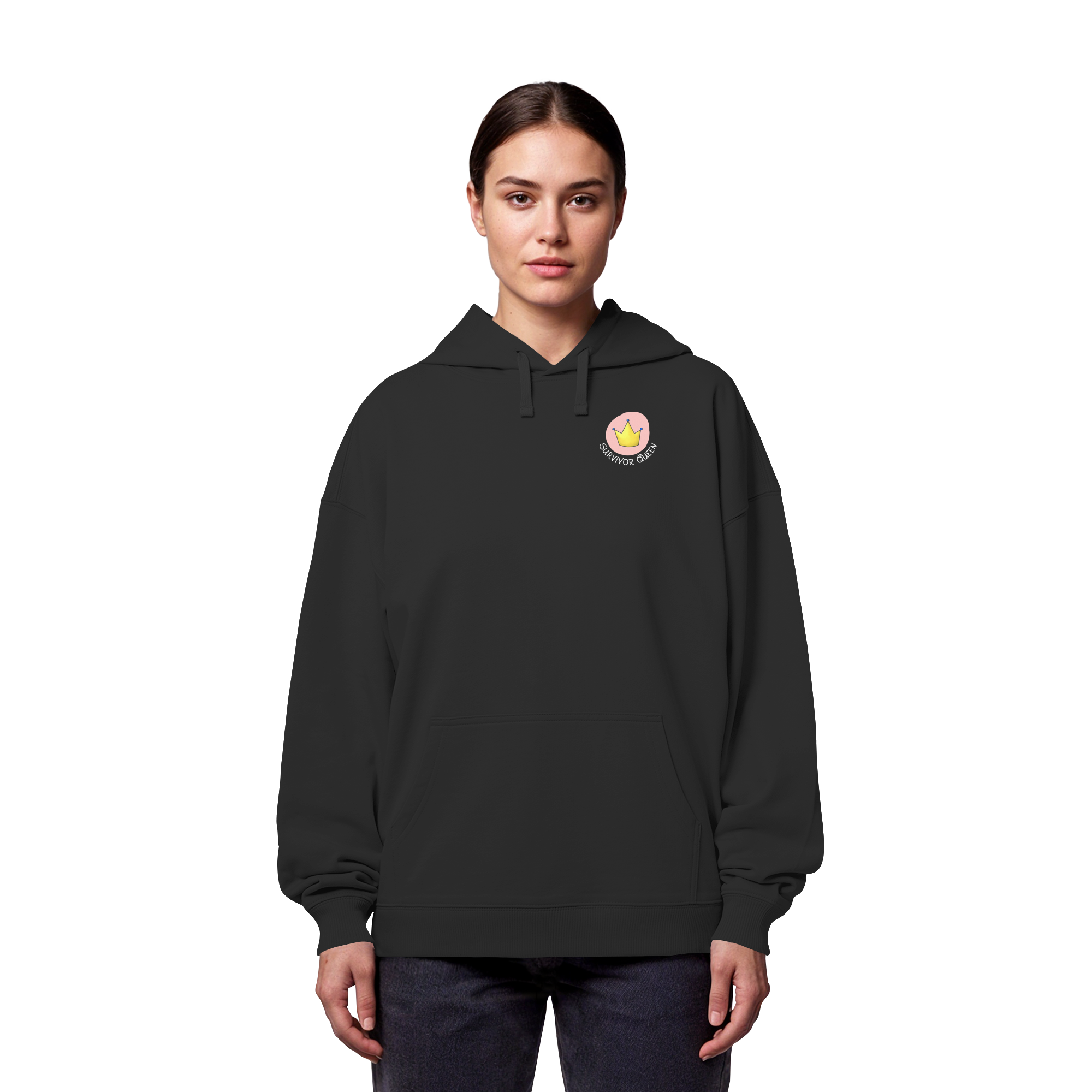 Survivor Queens Logo "Schriftzug Edition" mit Seelenmännchen "Selbstverteidigung Edition" Backprint (dunkel) - Organic Oversize Hoodie
