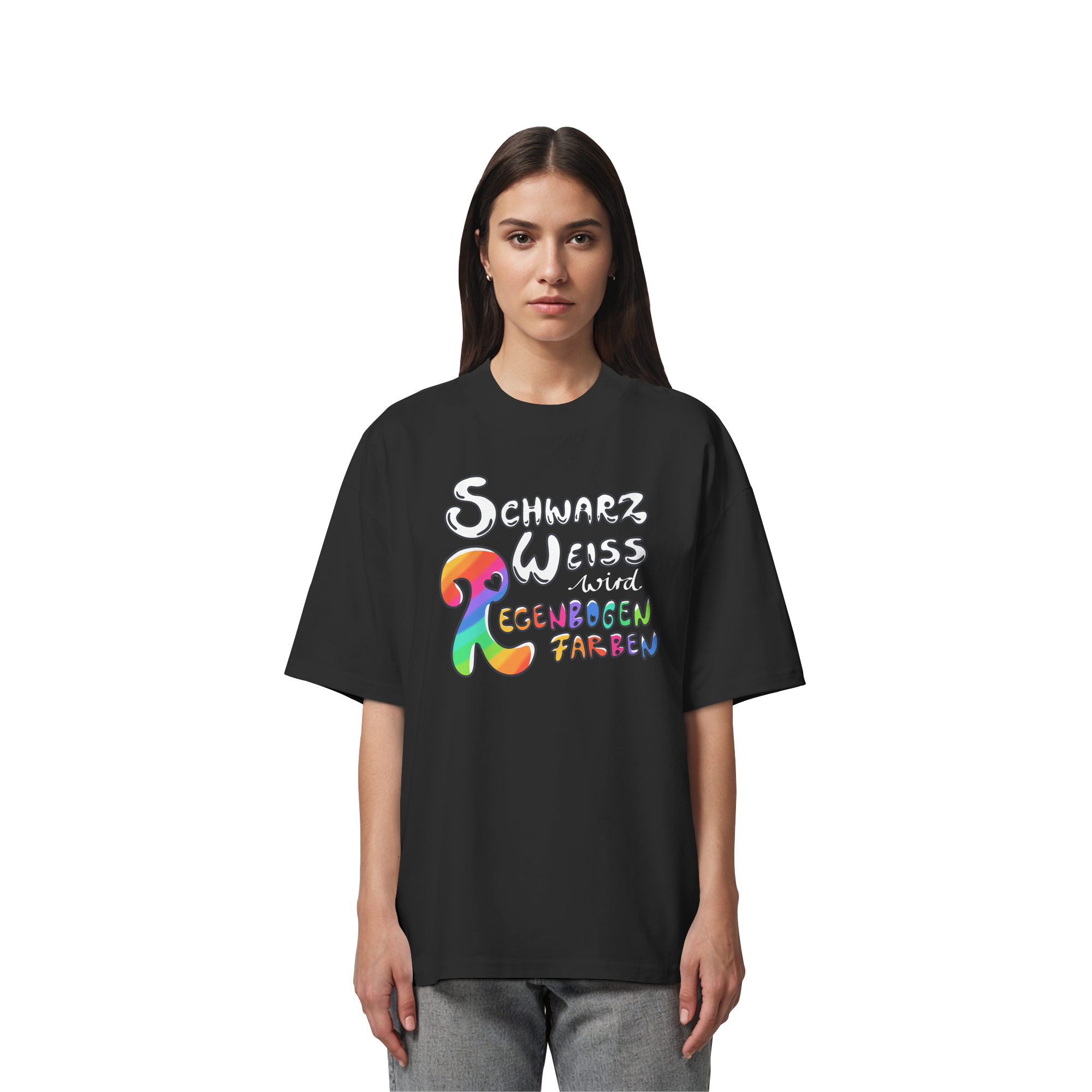 Schwarz Weiß wird Regenbogen Farben Frontprint (dunkel) - Organic Oversize Shirt