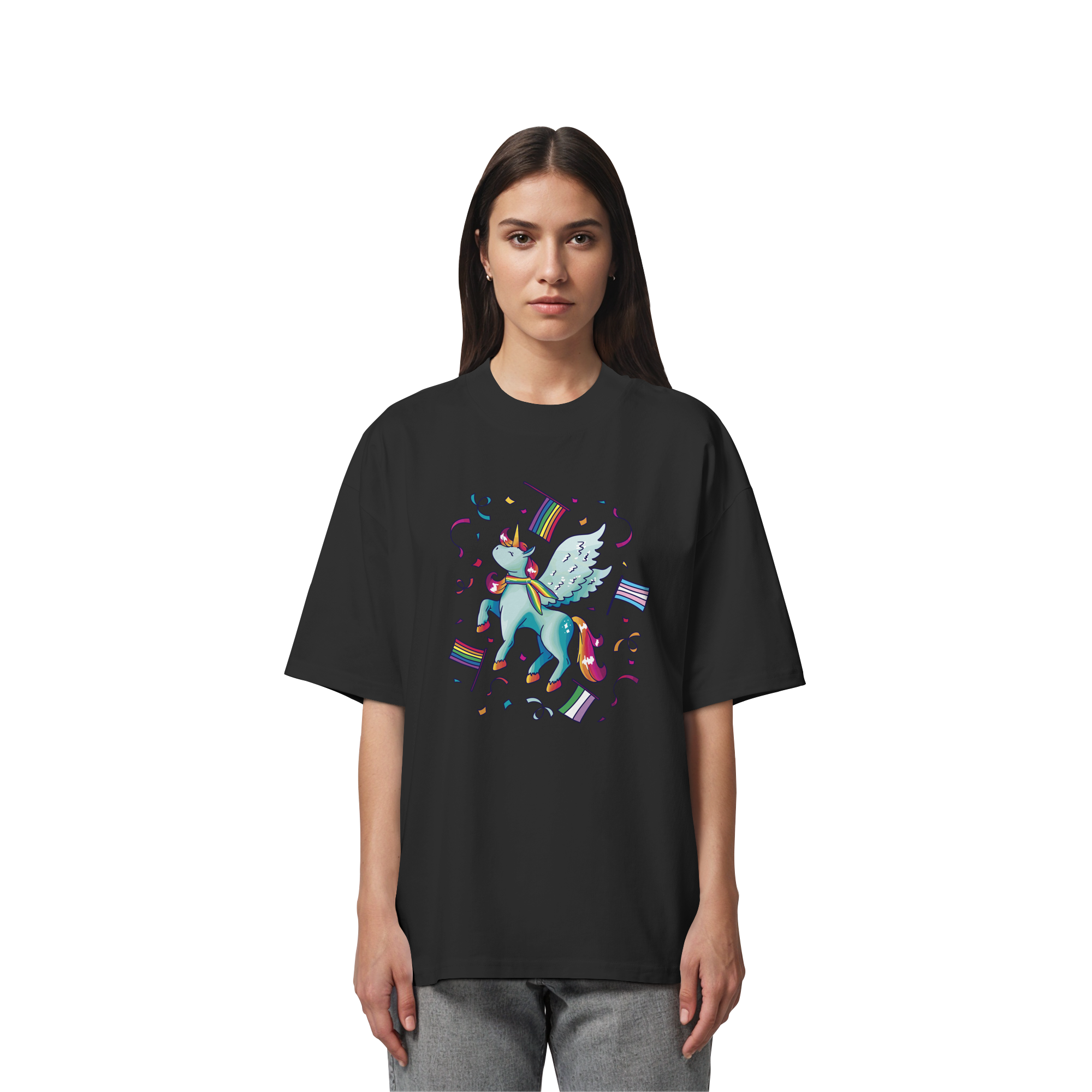 Regenbogen Einhorn mit Flaggen - Organic Oversize Shirt