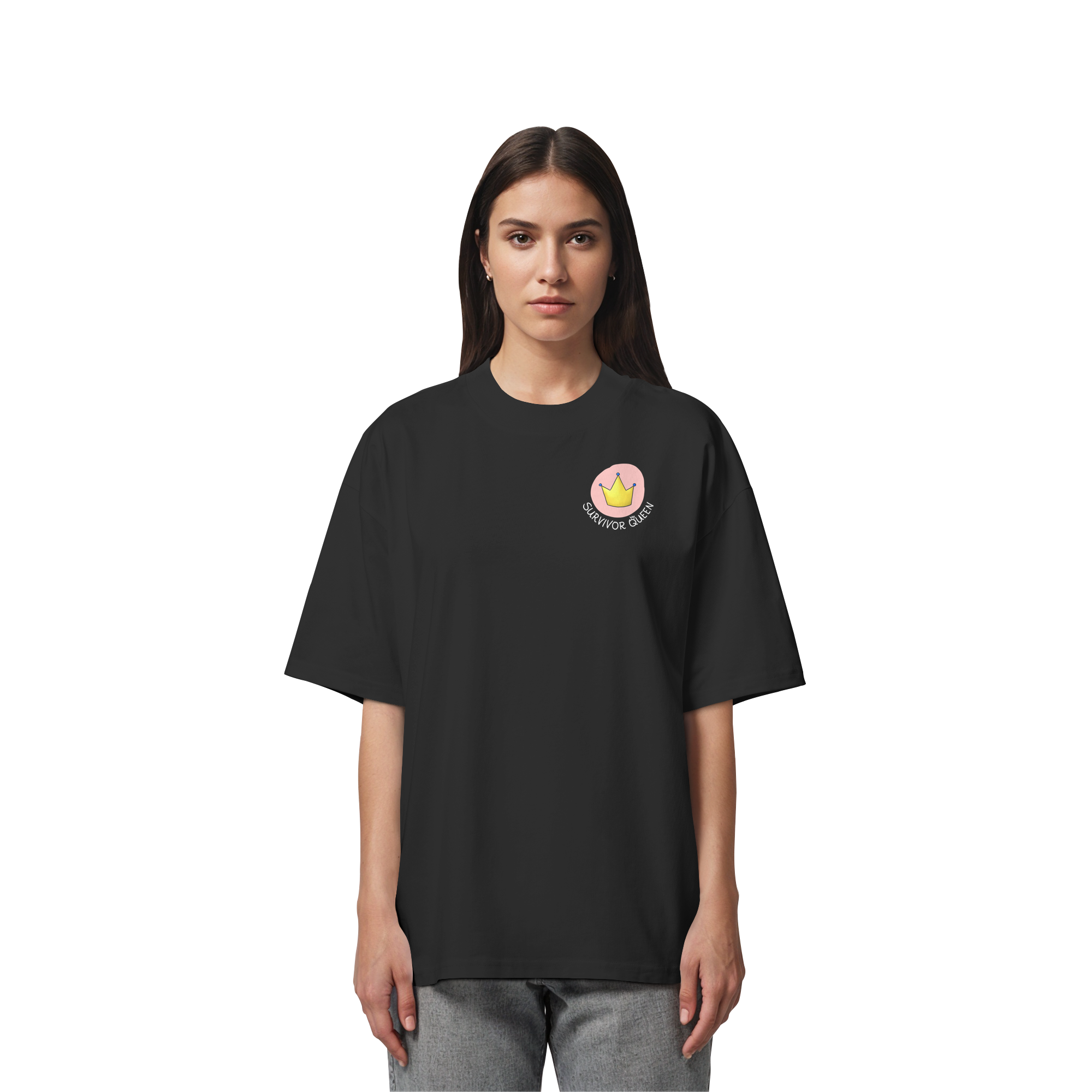 Survivor Queens Logo mit "Mein Körper gehört mir" Backprint (dunkel) - Organic Oversize Shirt