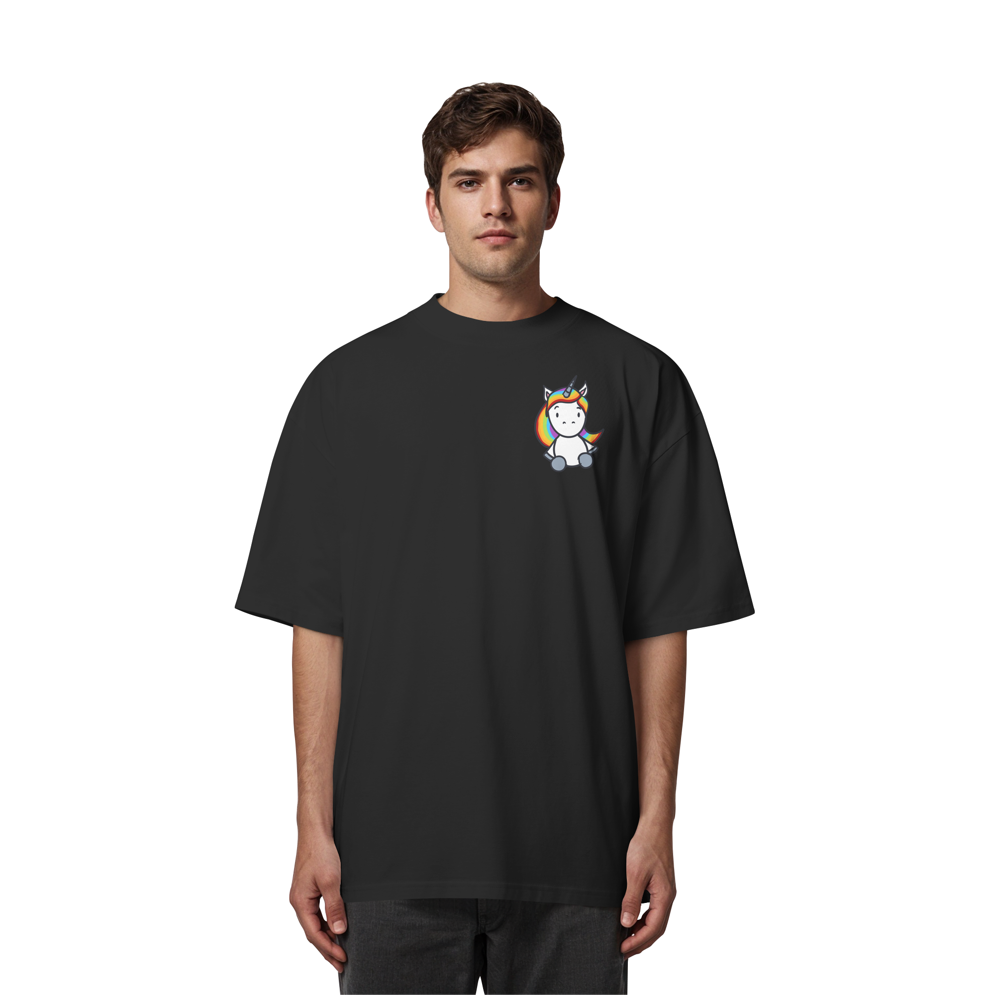 Schwarz Weiß wird Regenbogen Farben Backprint (dunkel) - Organic Oversize Shirt